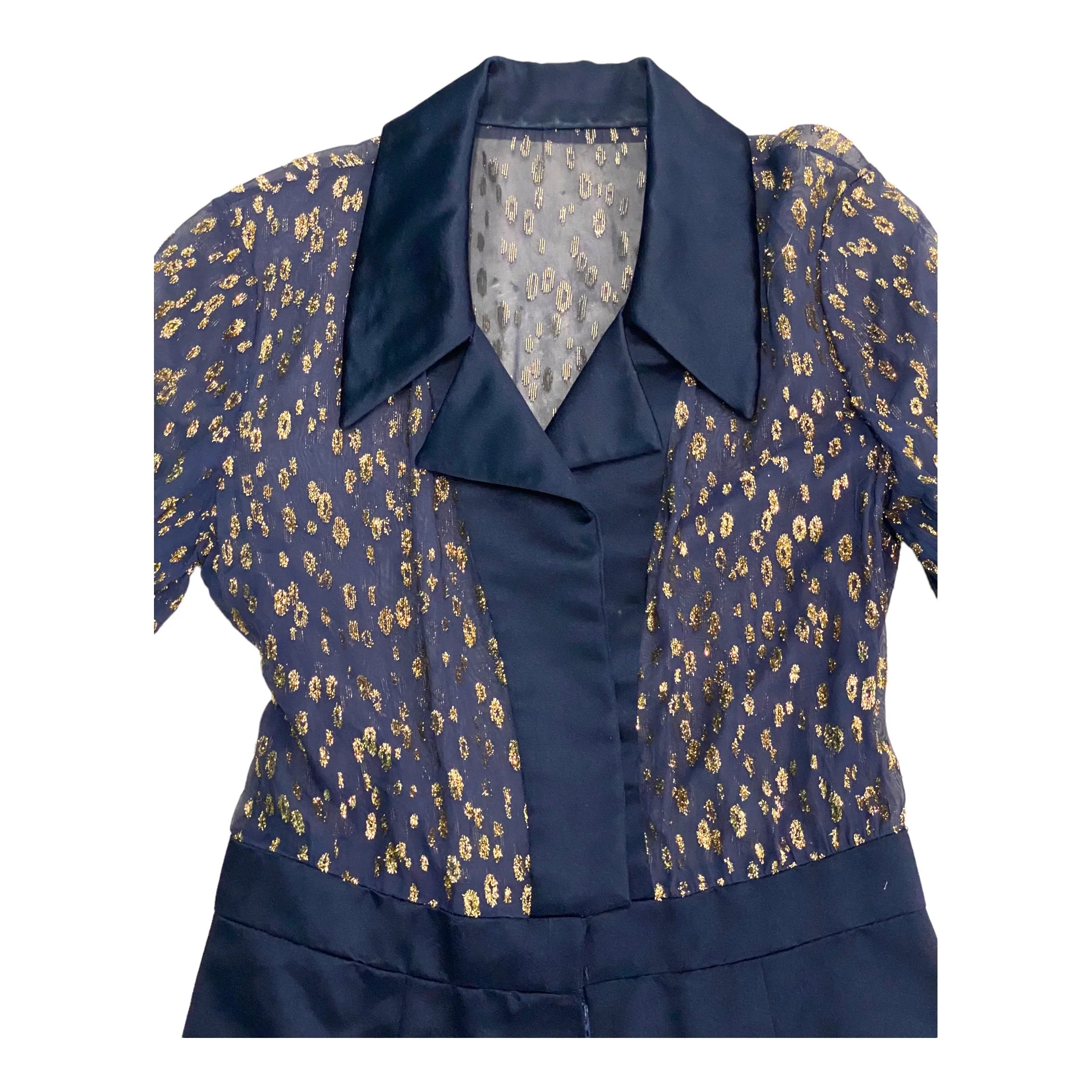 Blue Satin And Sheer Gold Flecked Blouse Pant Suit - Image 3
