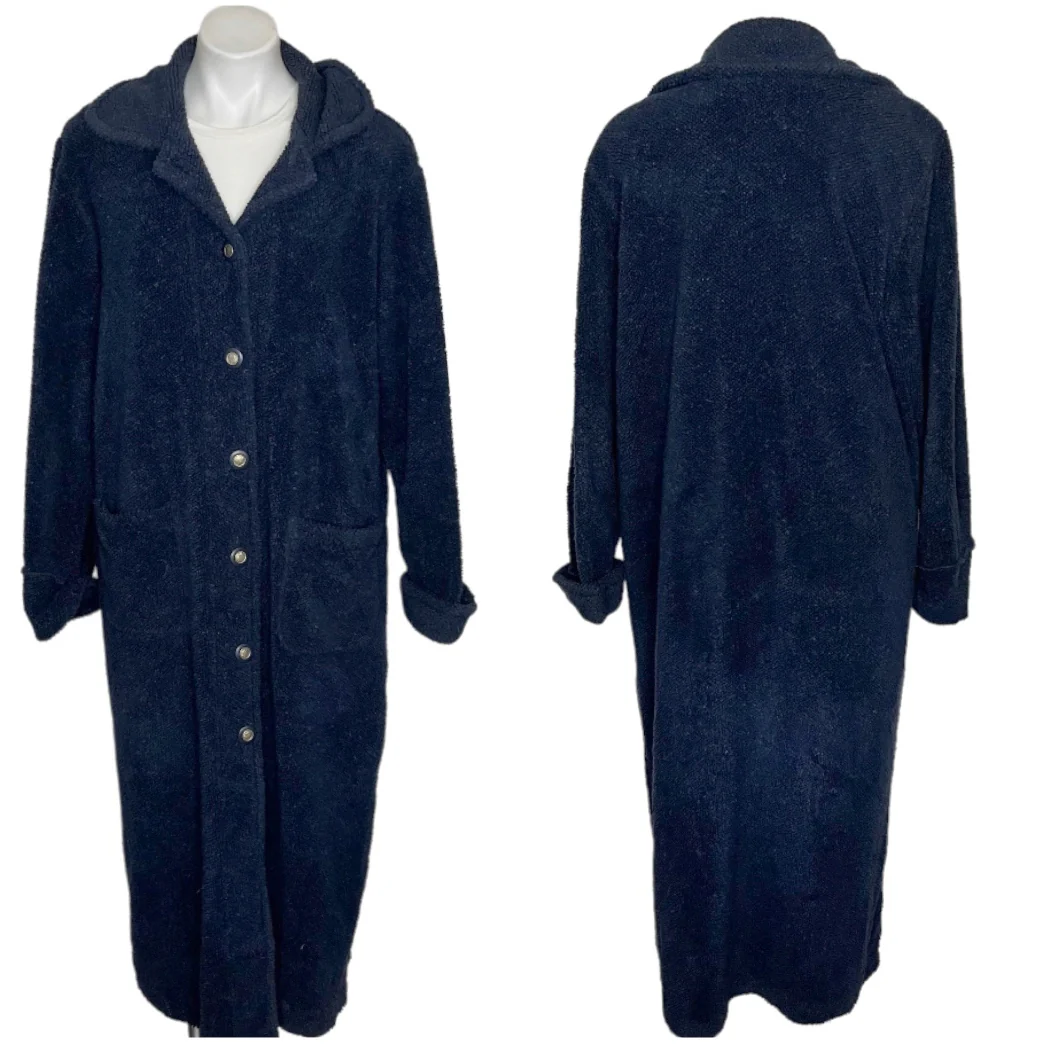 Blue Terry Chenille Housecoat Robe Buttons Pockets By Cafe Au Lait - Image 7