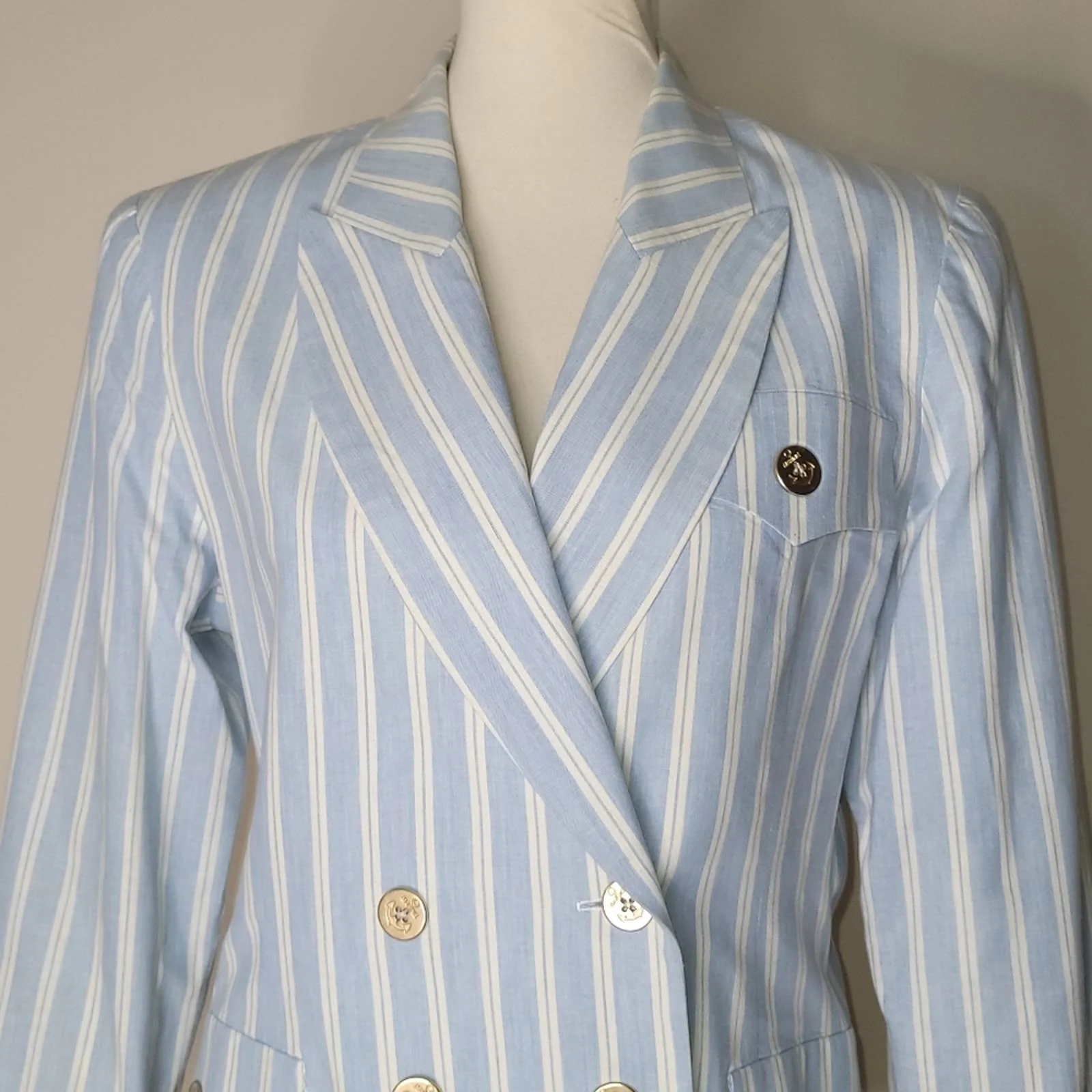 Blue Vertical-Stripped Blazer Jacket with Gold Embroidery by Lillie Rubin - Image 6