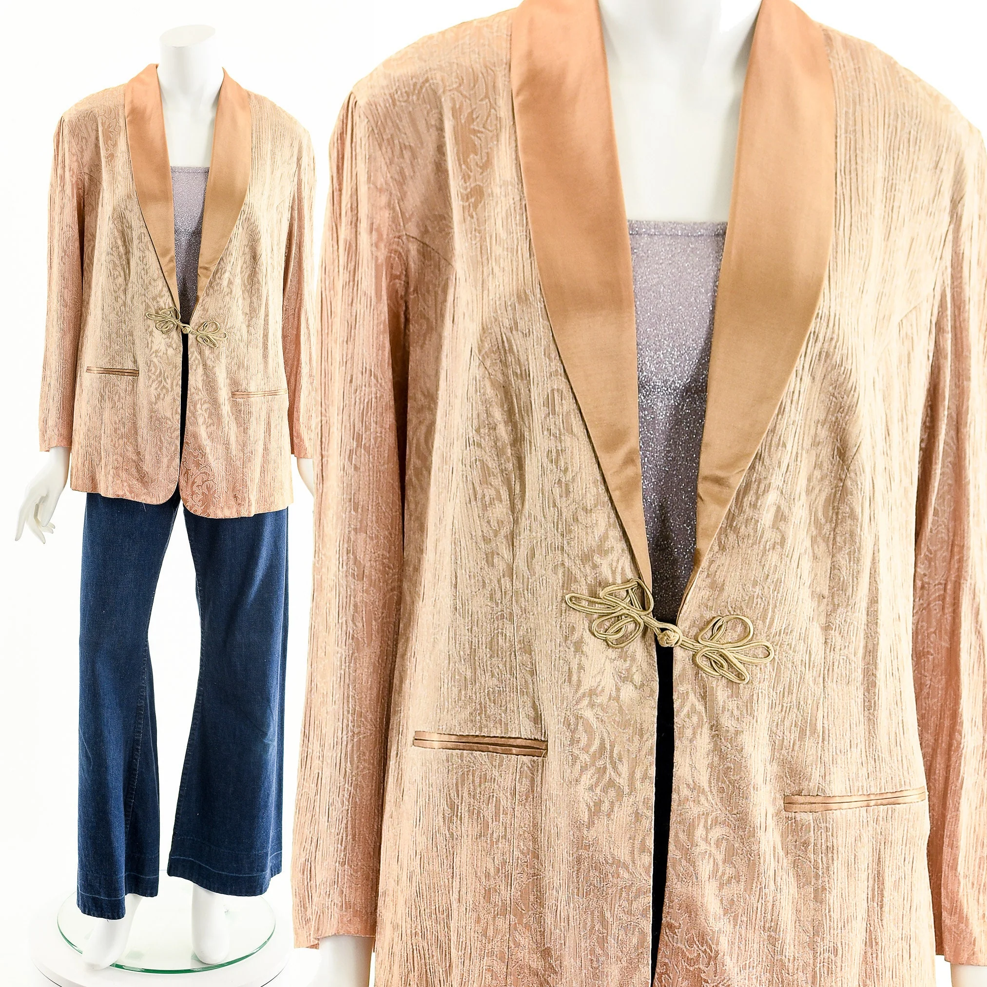 Blush Pink Brocade Satin Tuxedo Robe Jacket - Image 3