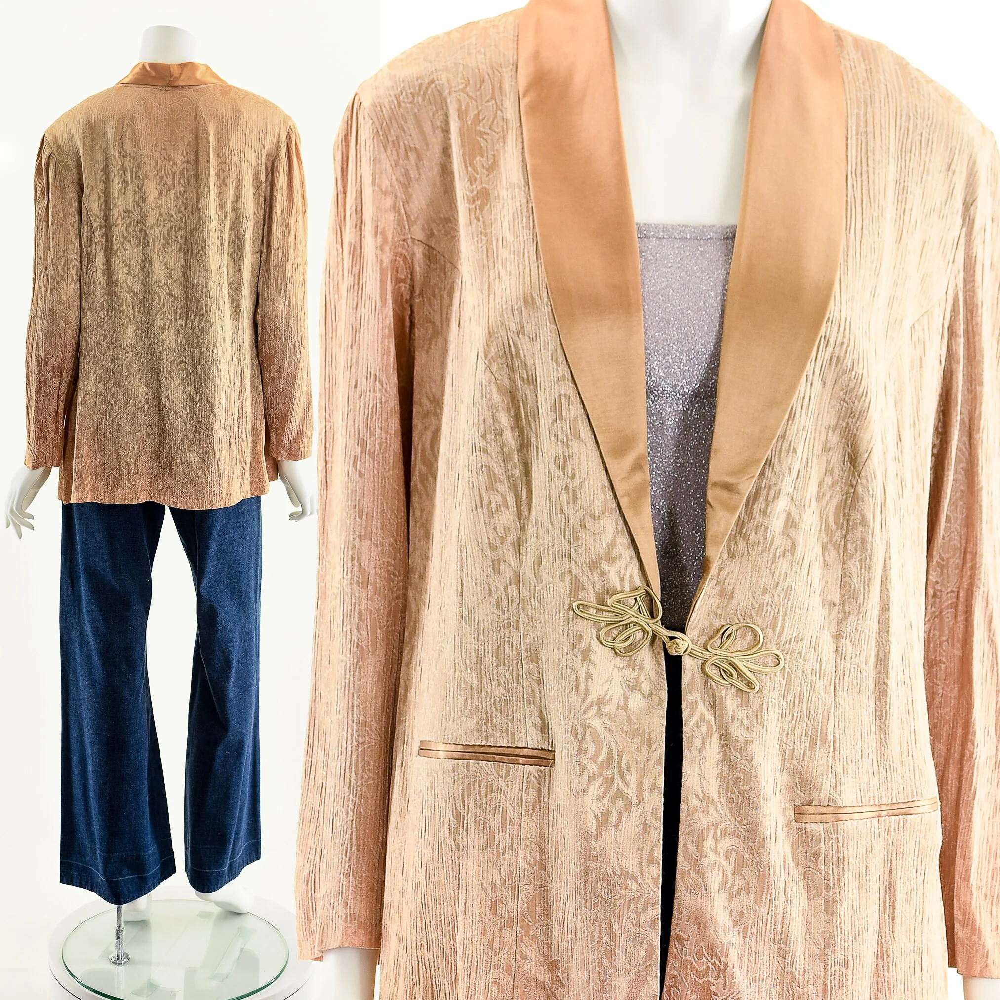 Blush Pink Brocade Satin Tuxedo Robe Jacket - Image 4