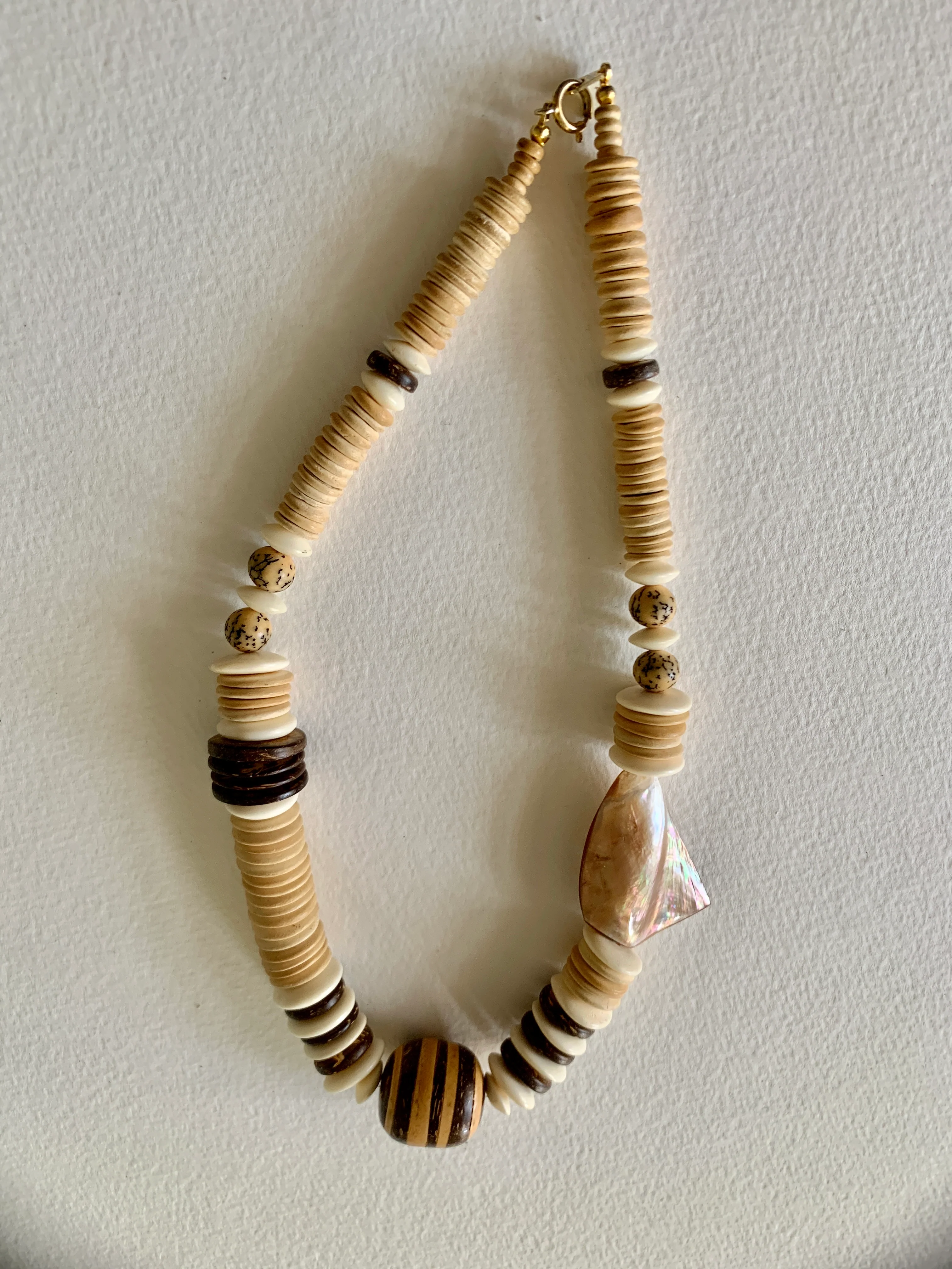 Boho Natural Wood Bead Opalescent Shell Necklace - Image 4