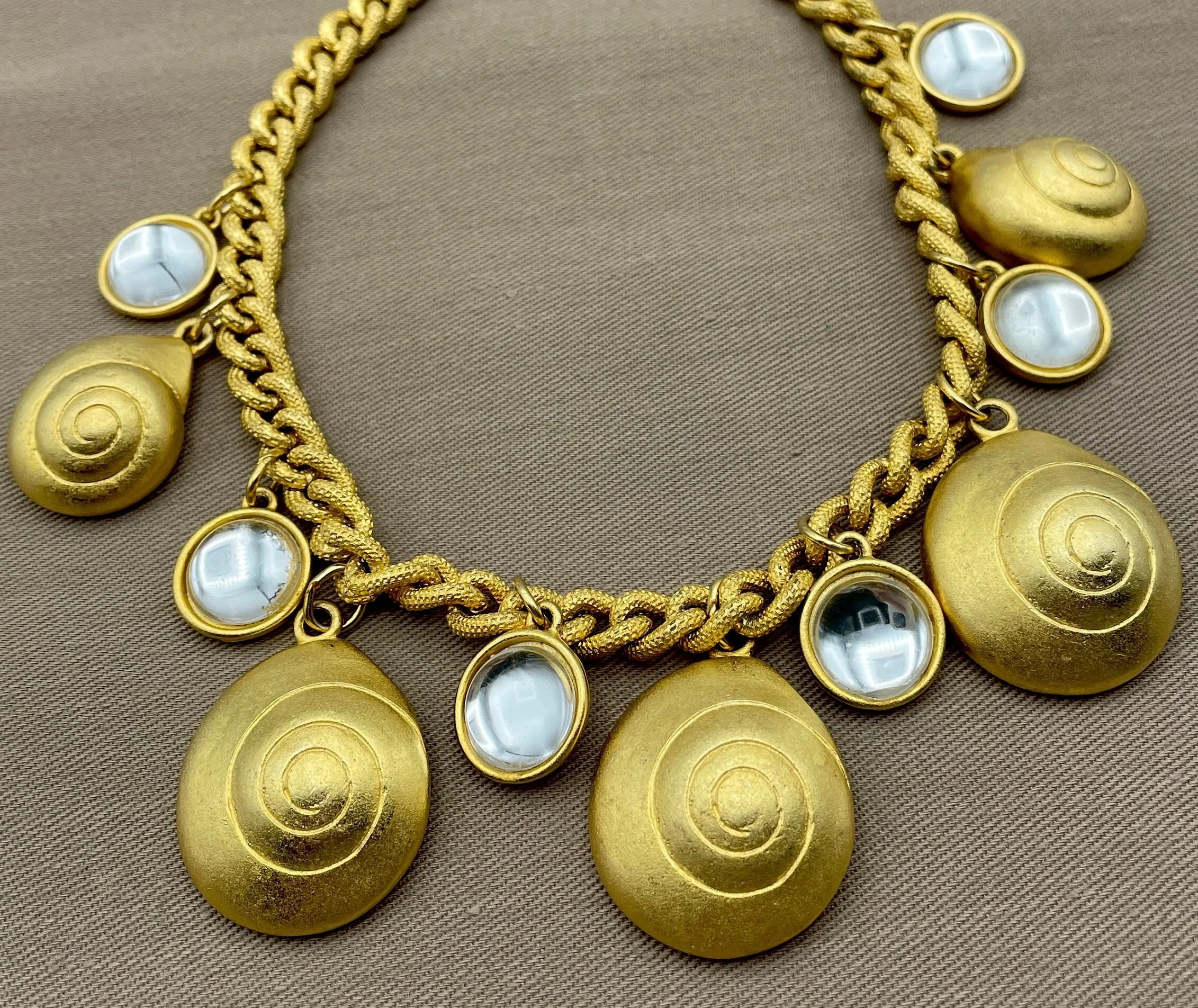 Bold Etruscan Shell Charm Gold Statement Choker Clear Cabochon Statement Jewelry - Image 2
