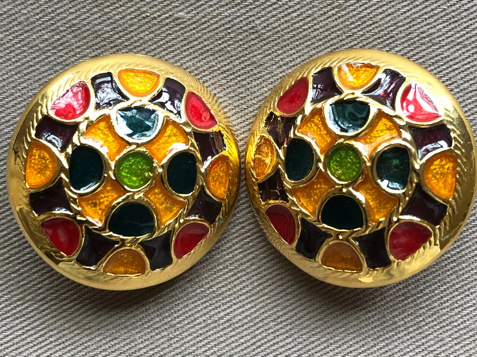 Bold Jeweled Enamel Clip On Statement Earrings Jewels of India Big Massive Huge Vintage - Image 3