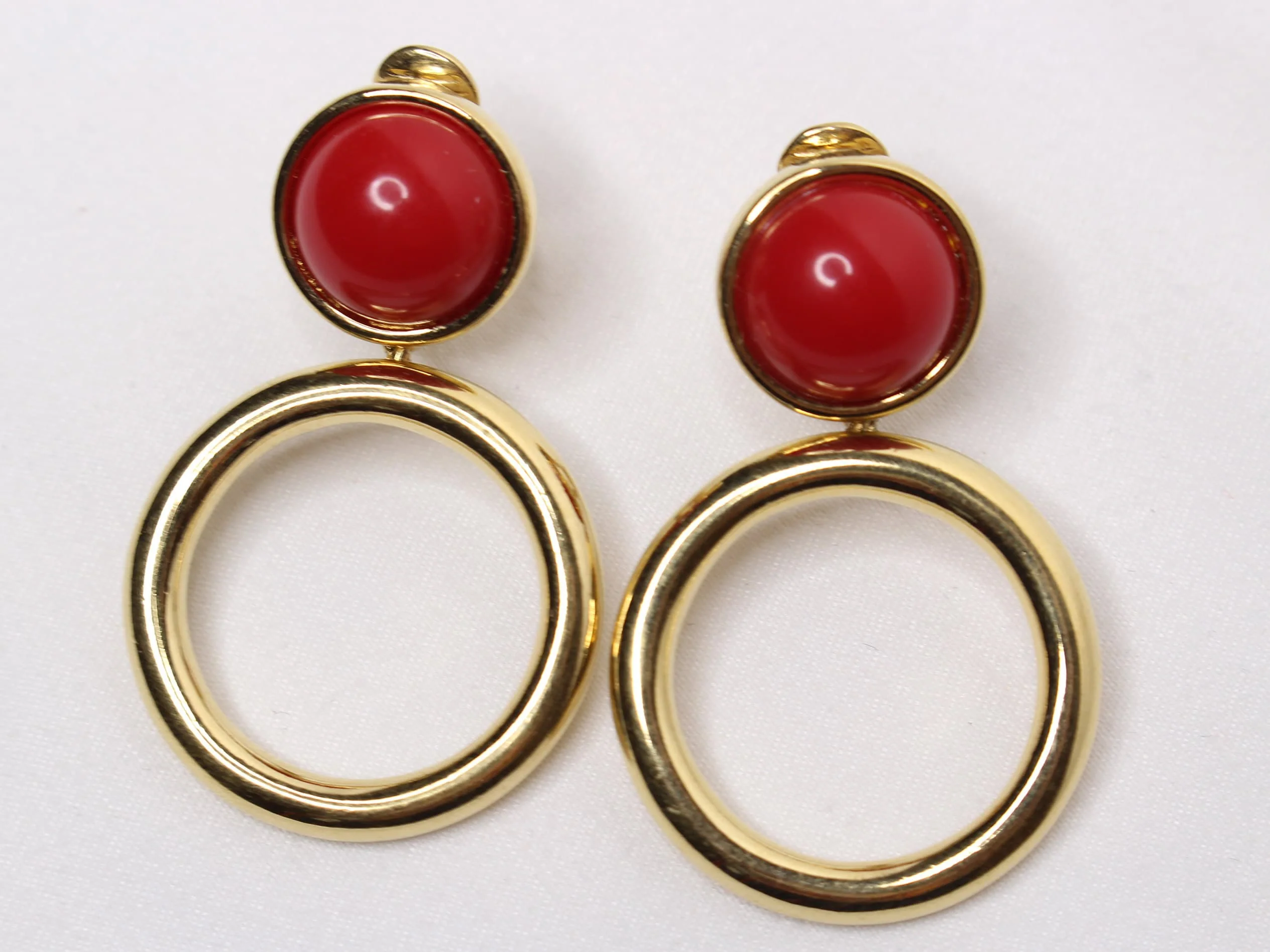 Bold Monet Signed Ring Hoop Clip-On Statement Earrings Red Cabochon by Monet - Image 3