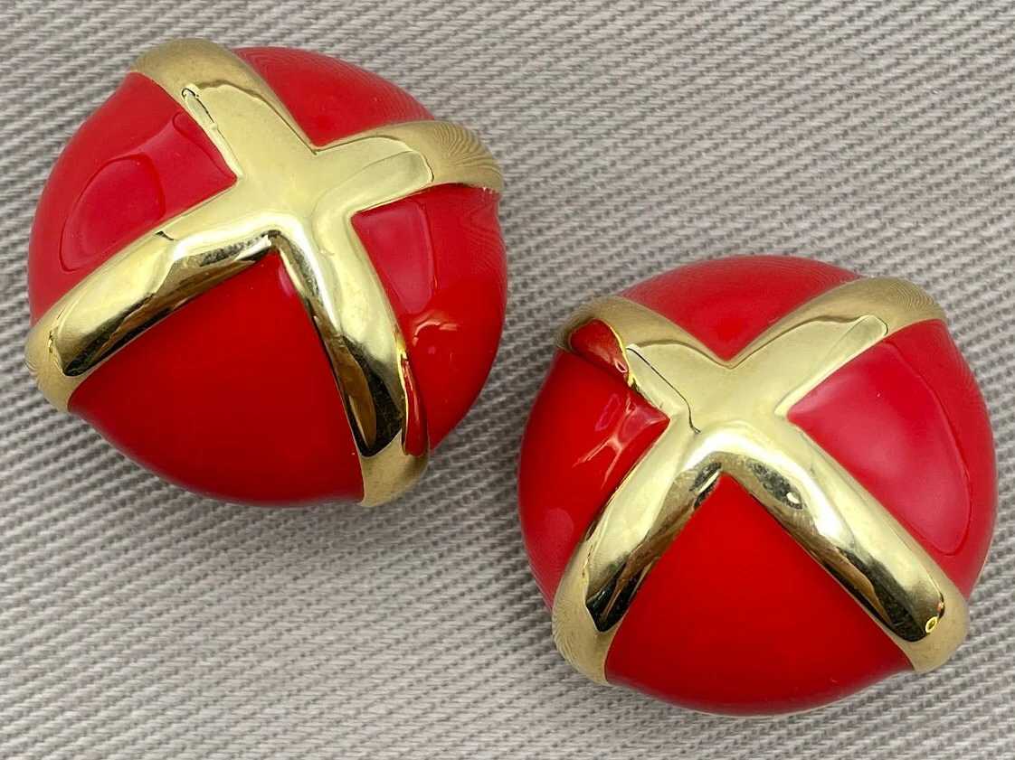 Bold Signed Red Enamel Gold X Cross Clip On Statement Earrings by St John - Image 2