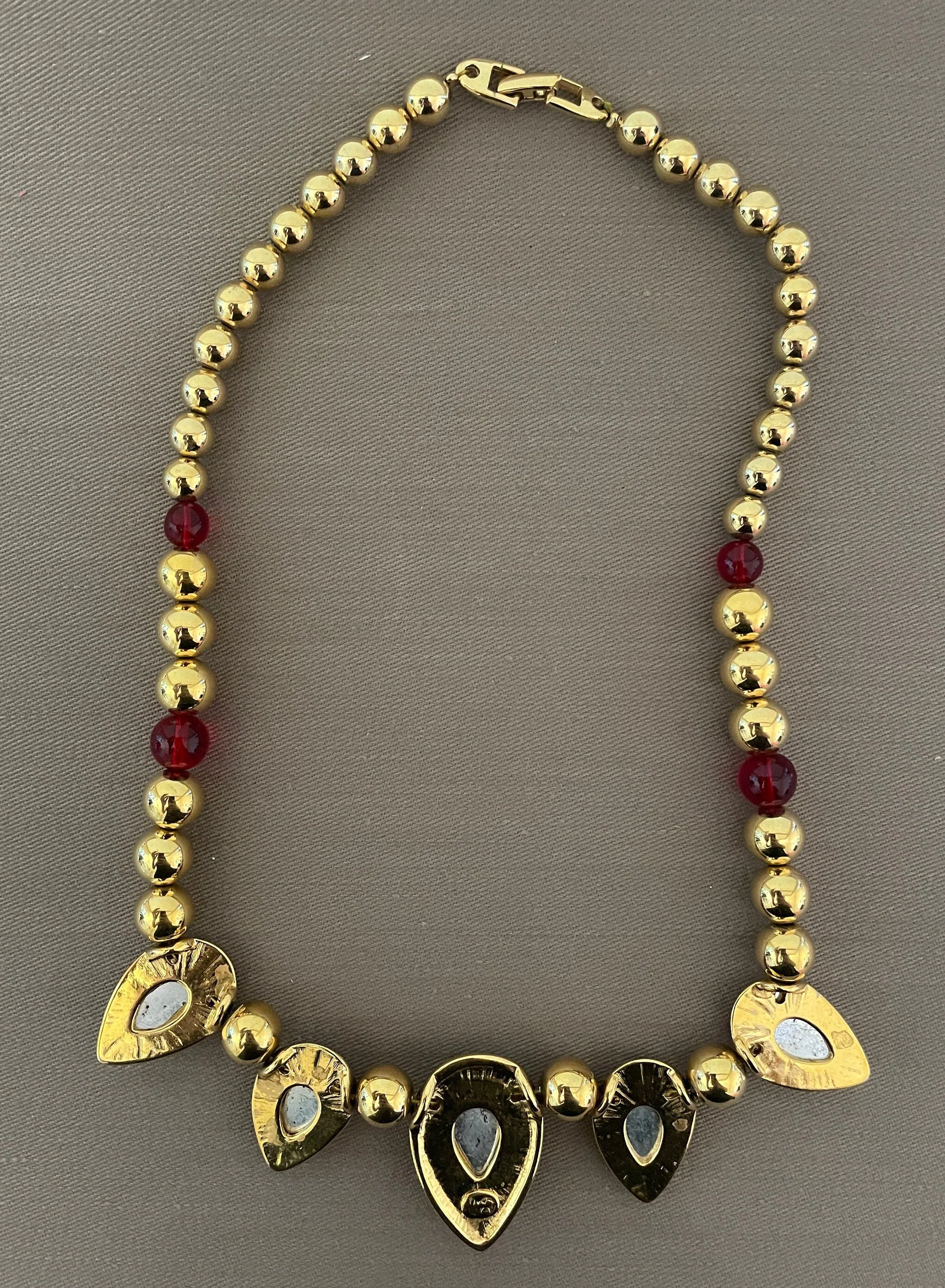 Bookpiece Red Ruby Lucite Cabochon Jewels of India Moghul Signed Statement Necklace by Napier - Image 6