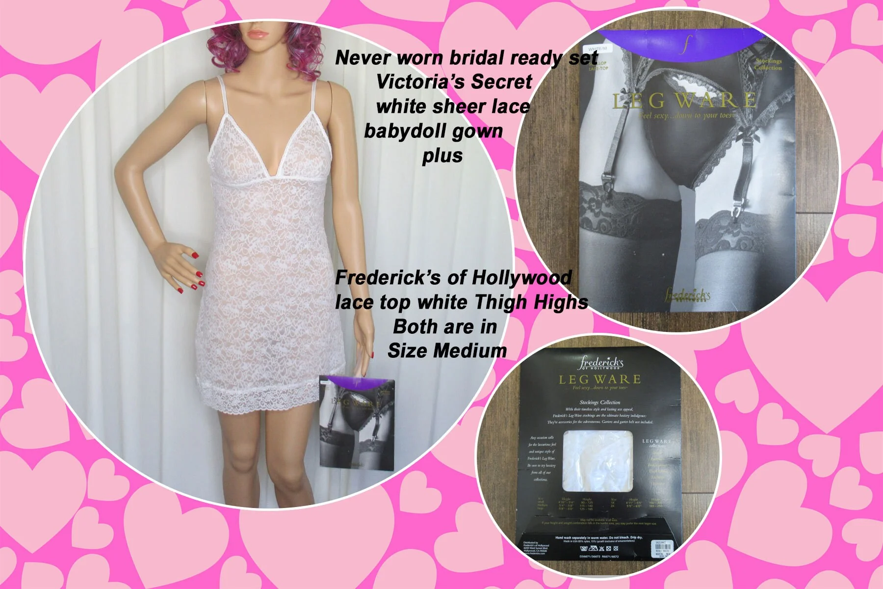 Bridal Ready Set Victoria's Secret Stretch Lace Babydoll Gown and Fredericks of Hollywood Lace Top White Thigh Highs White by Victoria's Secret - Image 2