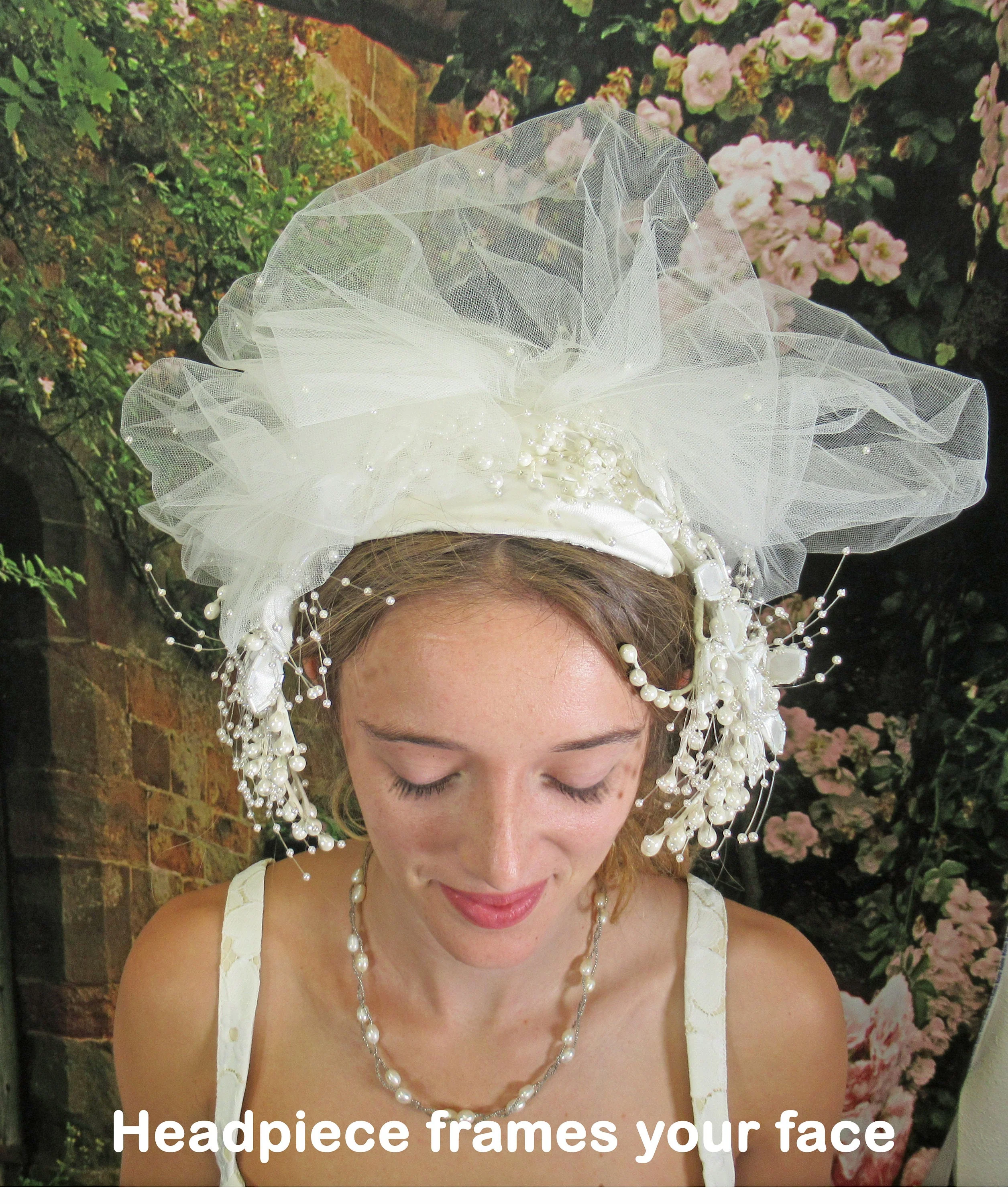 Bridal White Headpiece / Wedding Hat Priscilla of Boston, Frames Your Face, Fabulous Floral, Bead and Net Details, Unique Bridal Chic, Vtg - Image 5