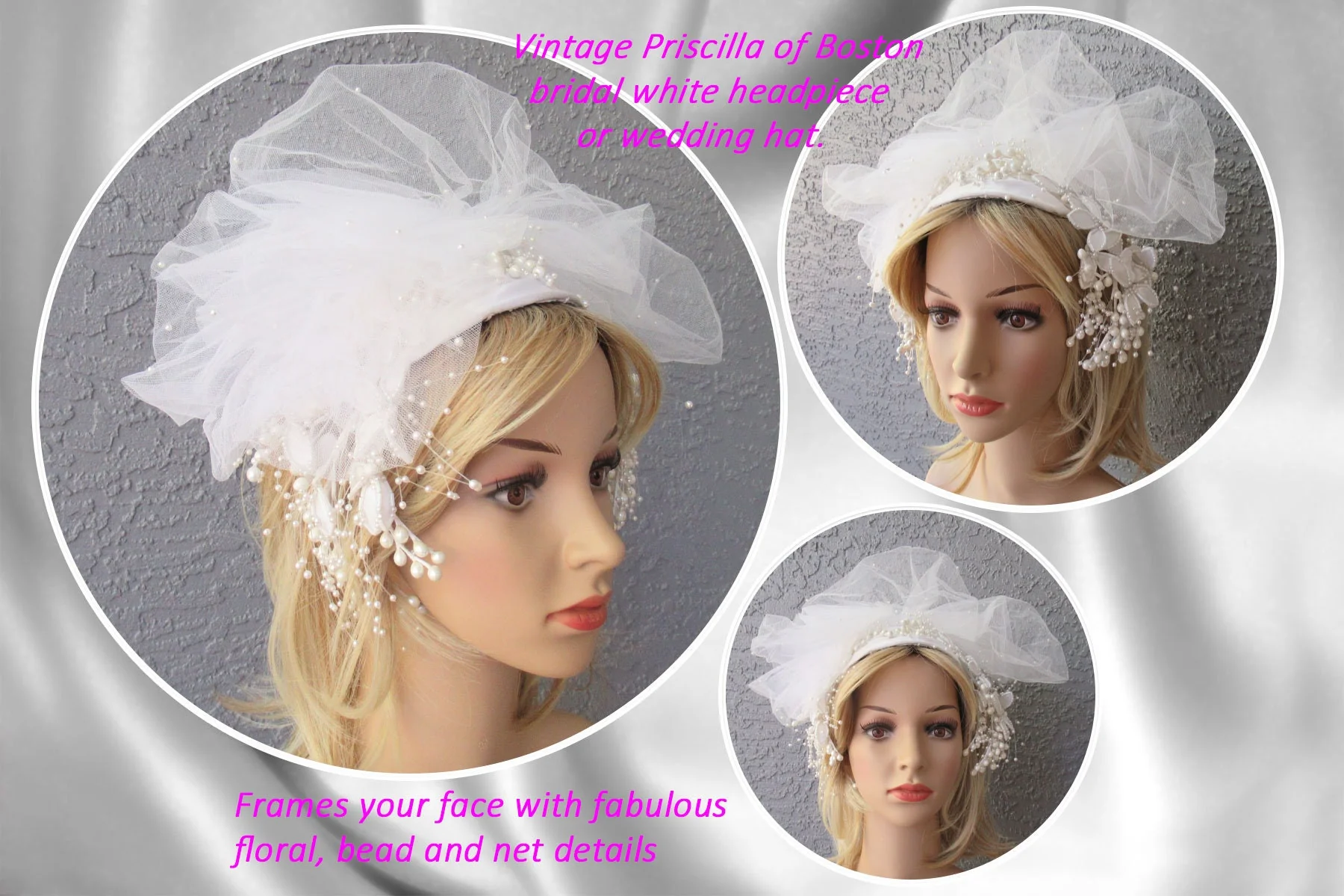 Bridal White Headpiece / Wedding Hat Priscilla of Boston, Frames Your Face, Fabulous Floral, Bead and Net Details, Unique Bridal Chic, Vtg - Image 8