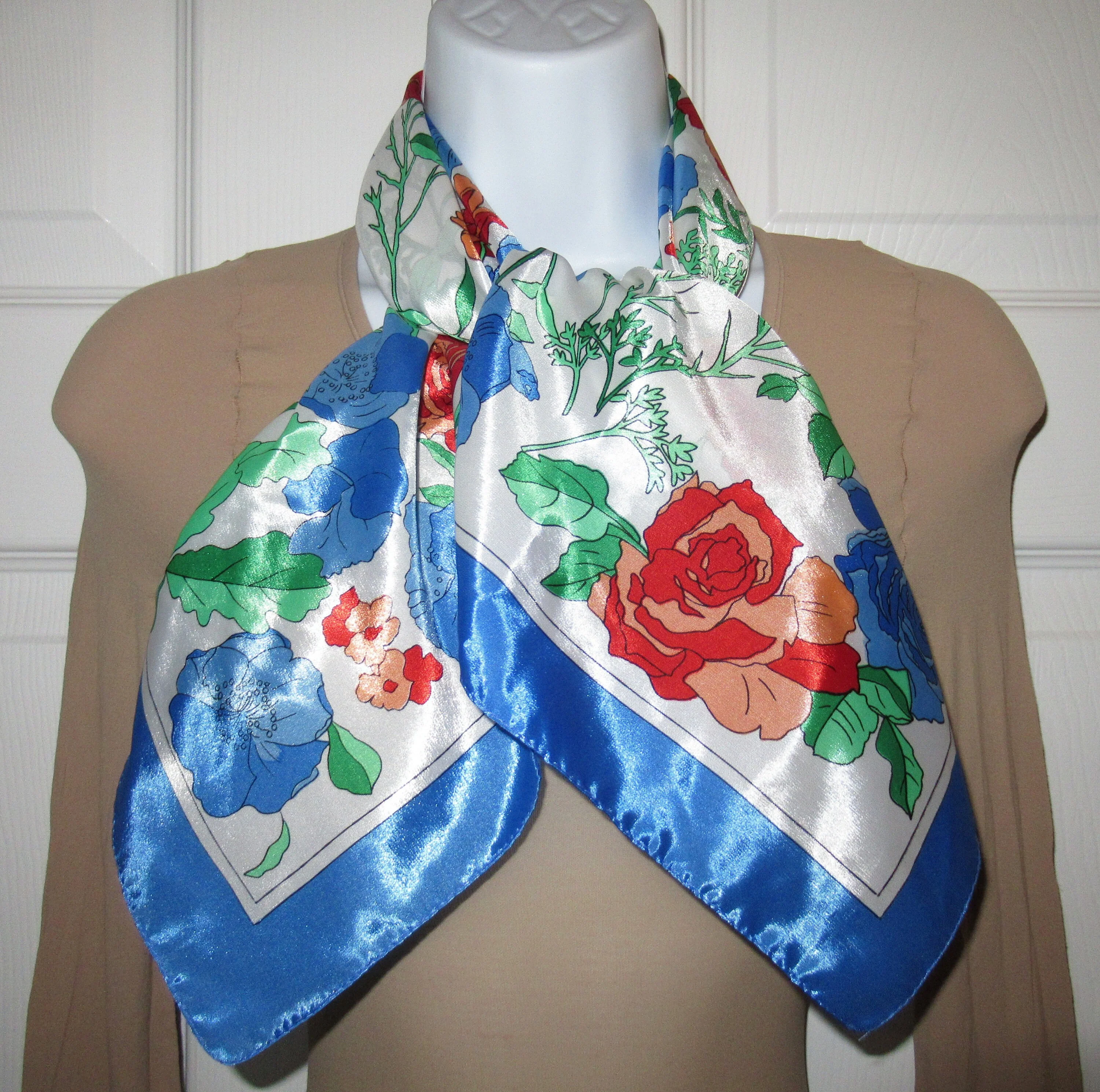 Bright Floral Polyester Scarf 29 Inch Square Made In Korea Blue Green Orange On White Shiny Crisp Fabric Bonus Scarf Donuts Vtg - Image 10