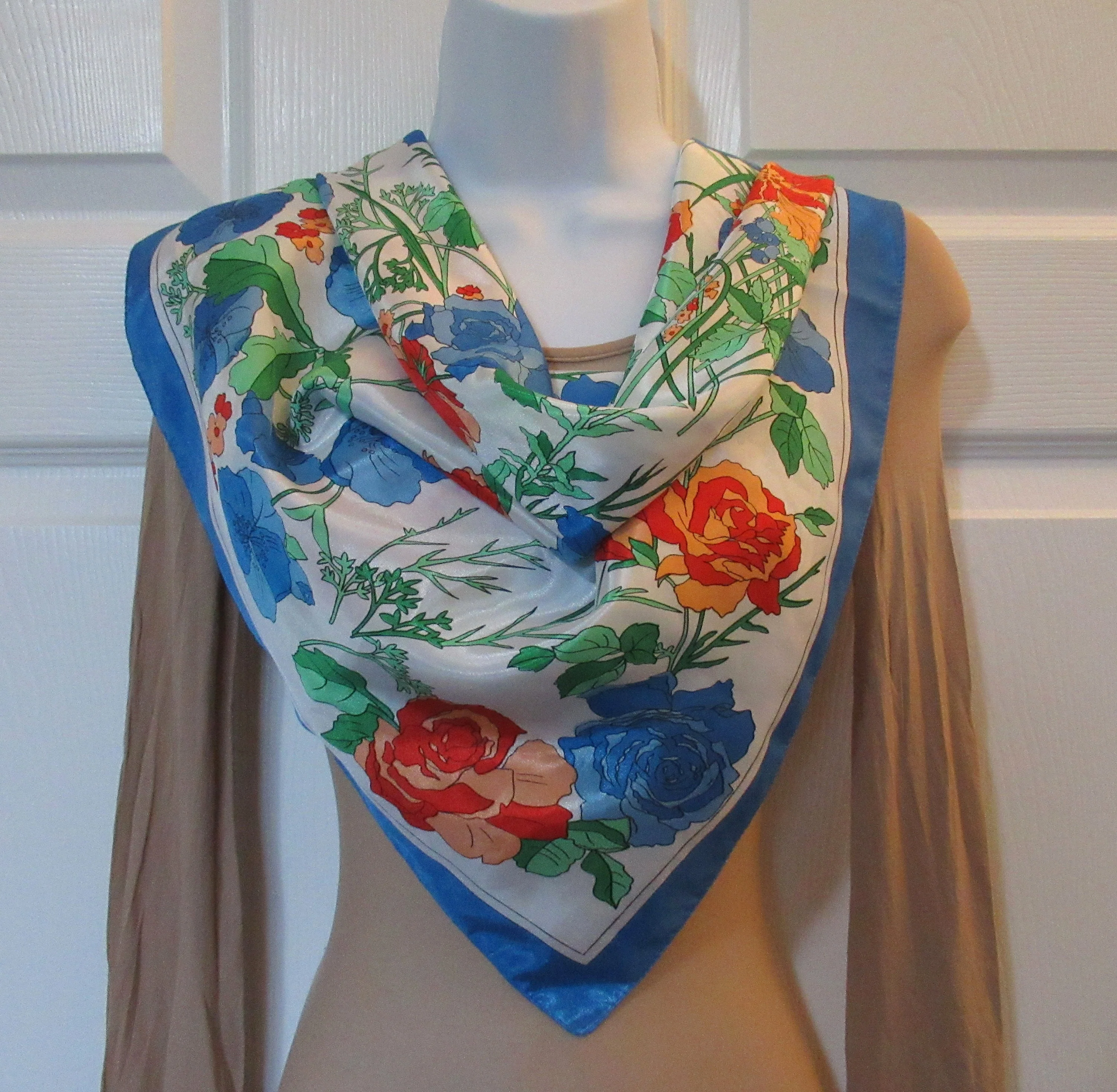 Bright Floral Polyester Scarf 29 Inch Square Made In Korea Blue Green Orange On White Shiny Crisp Fabric Bonus Scarf Donuts Vtg - Image 3