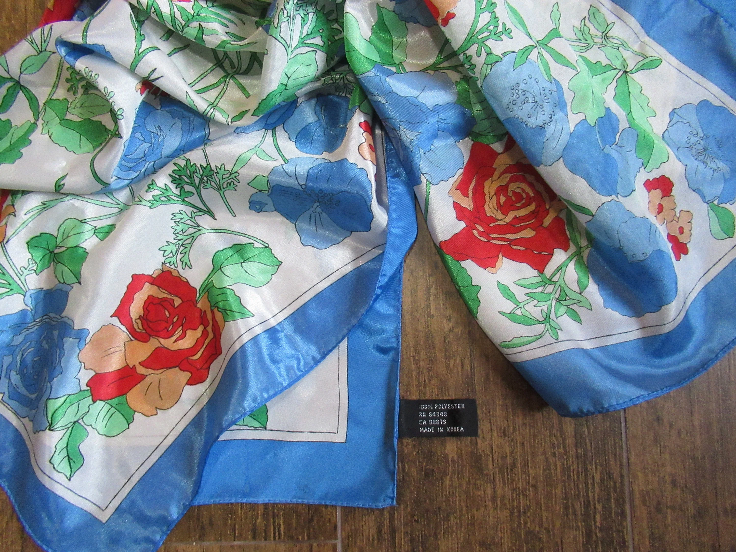 Bright Floral Polyester Scarf 29 Inch Square Made In Korea Blue Green Orange On White Shiny Crisp Fabric Bonus Scarf Donuts Vtg - Image 5