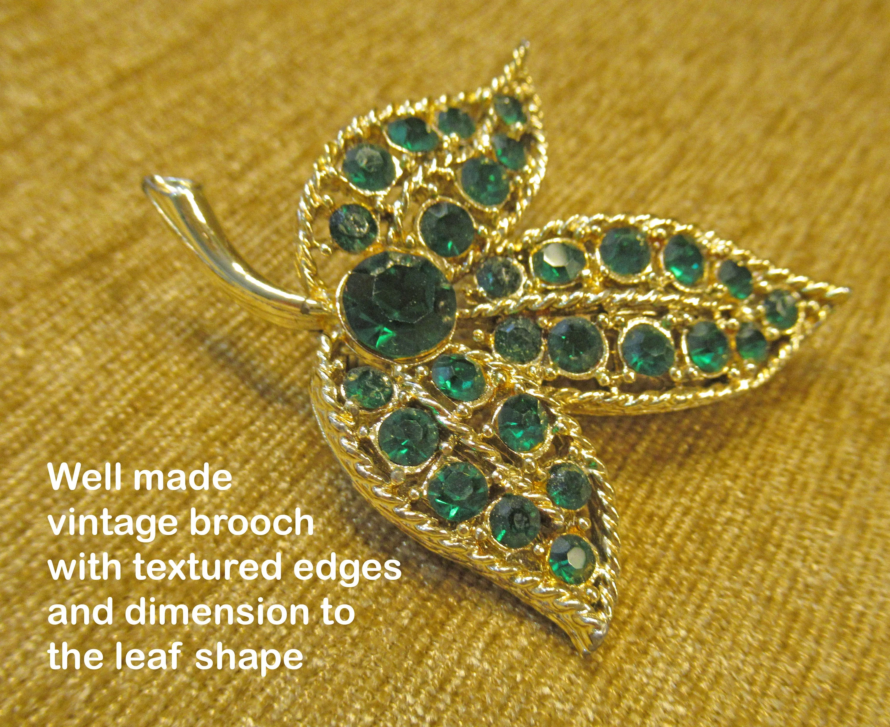 Bright Green Rhinestone Leaf Brooch Perfect for St Patrick's Day Or Anyone Who Lives "green" Gold Tone Metal Backing with Rolling C Clasp - Image 4