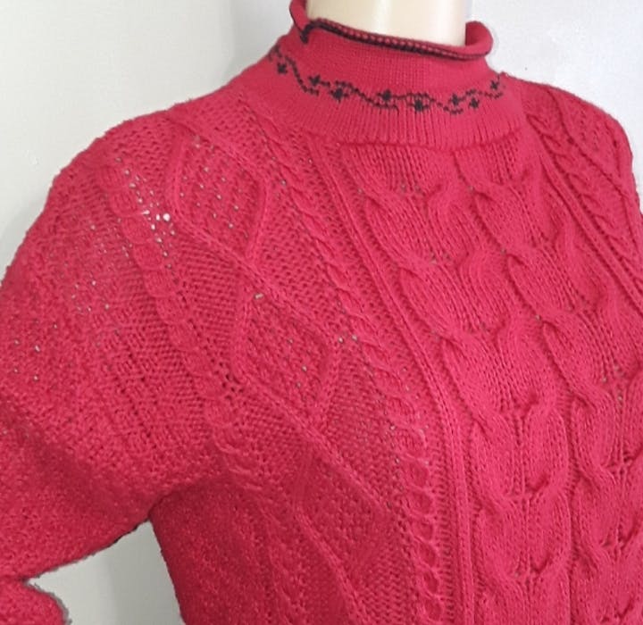 90's Bright Red Greek Key Ship Sweater by British Passage - Image 4