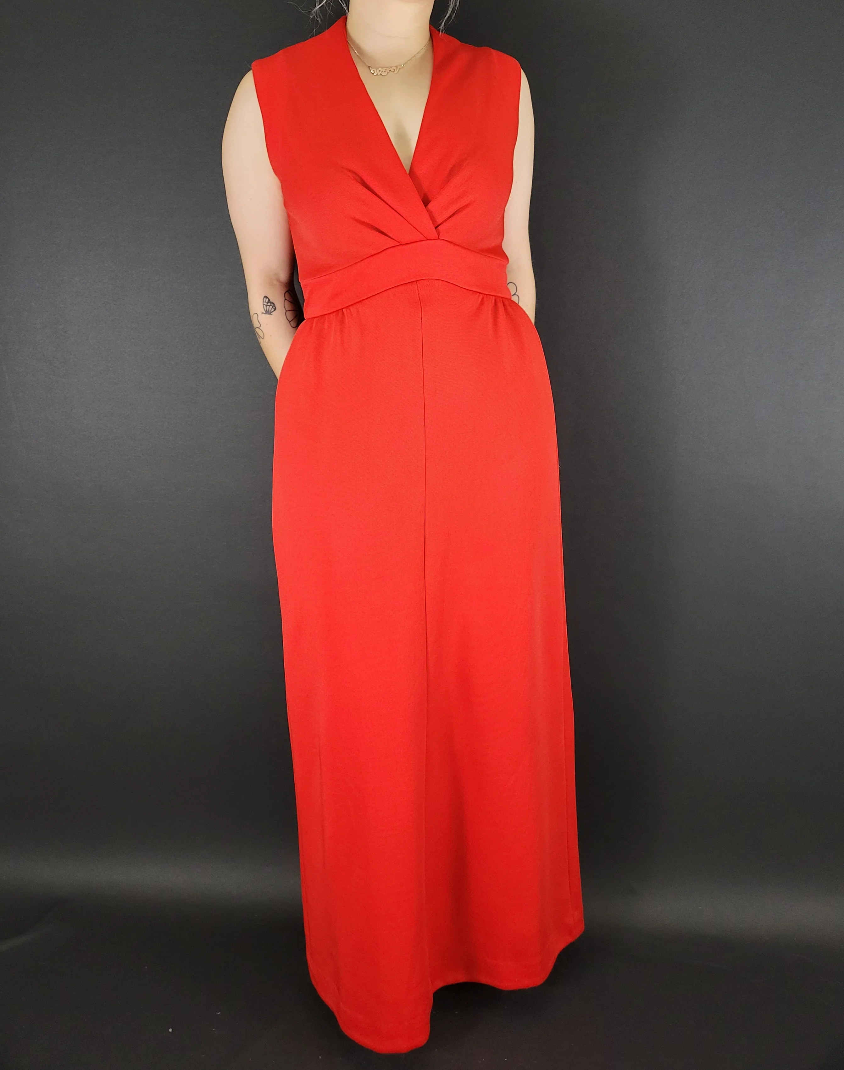 Bright Red Sleeveless Empire Waist Maxi Dress By Leslie Fay Knits - Image 3