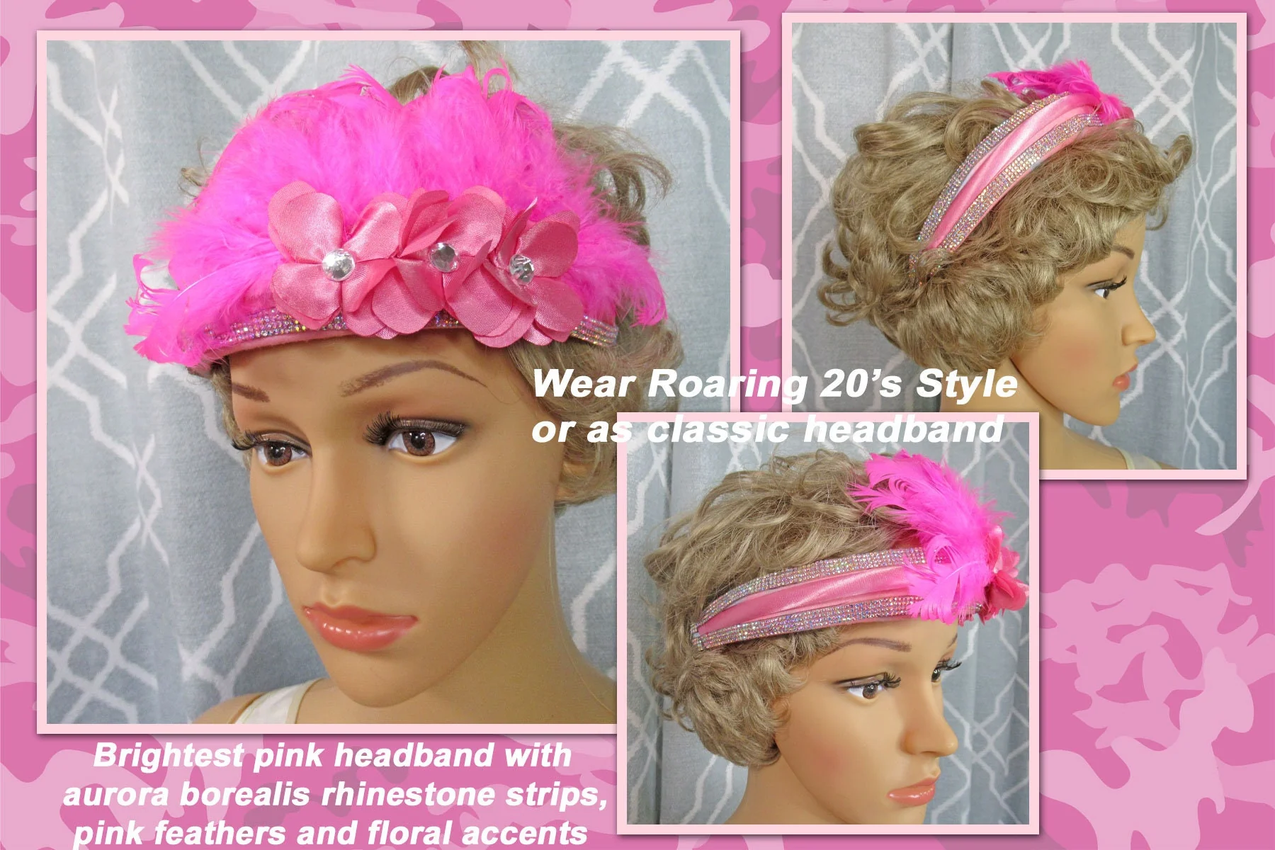 Brightest Pink Headband W Aurora Borealis Rhinestone Strips Pink Feathers and Floral Accents 20s Inspired Headband Or As Flapper Style - Image 2