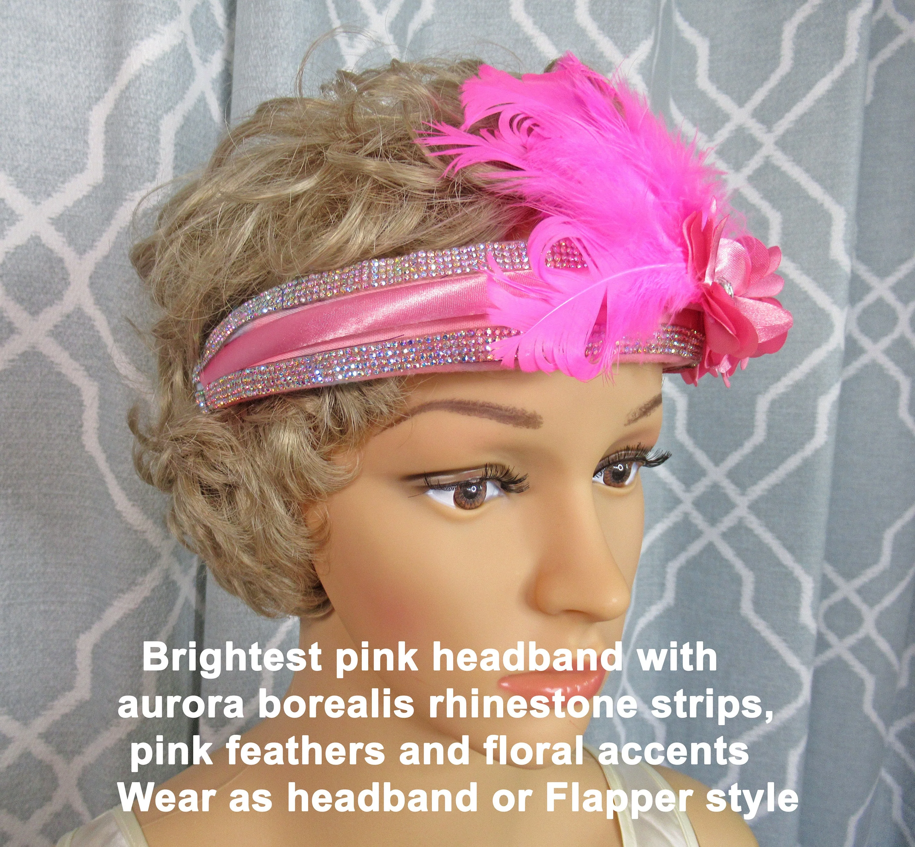 Brightest Pink Headband W Aurora Borealis Rhinestone Strips Pink Feathers and Floral Accents 20s Inspired Headband Or As Flapper Style - Image 4