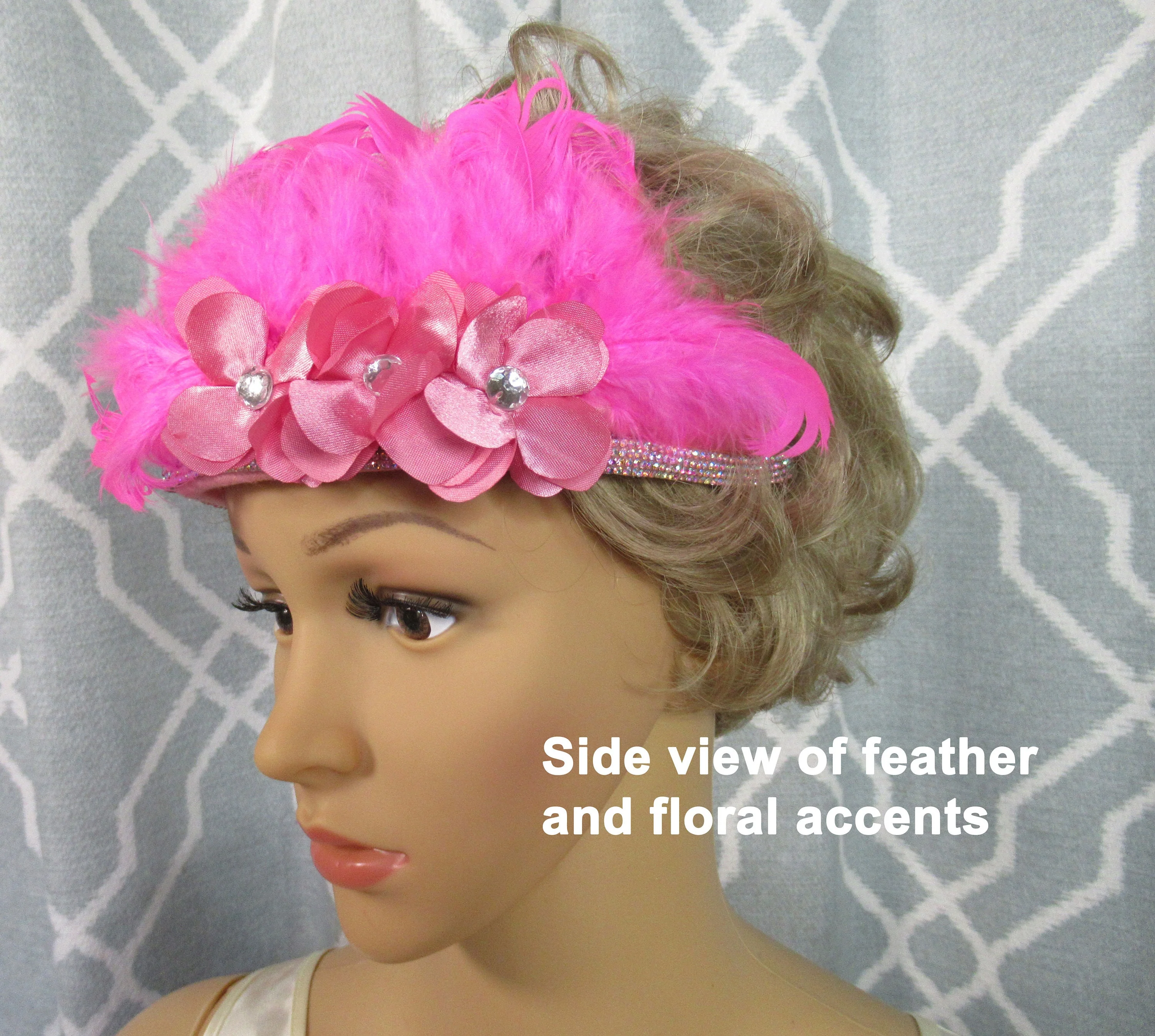 Brightest Pink Headband W Aurora Borealis Rhinestone Strips Pink Feathers and Floral Accents 20s Inspired Headband Or As Flapper Style - Image 5