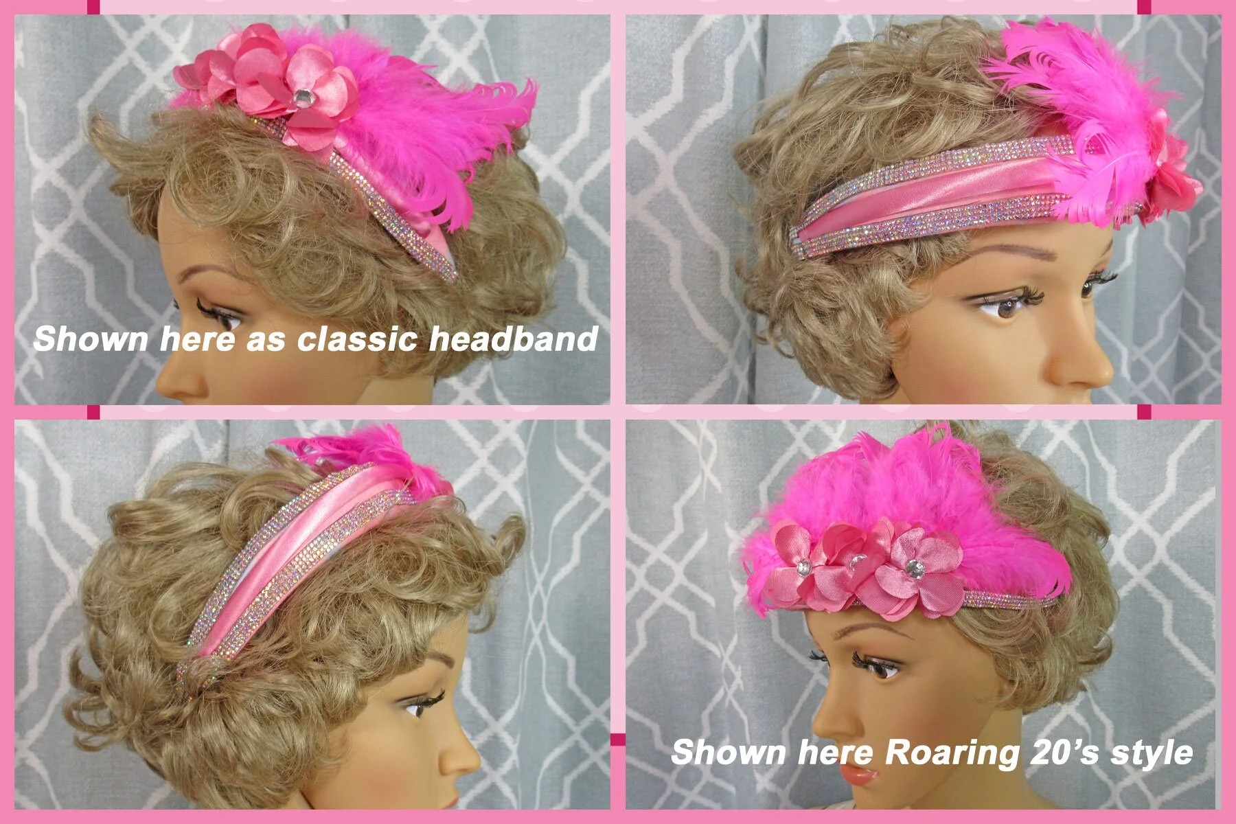 Brightest Pink Headband W Aurora Borealis Rhinestone Strips Pink Feathers and Floral Accents 20s Inspired Headband Or As Flapper Style - Image 7
