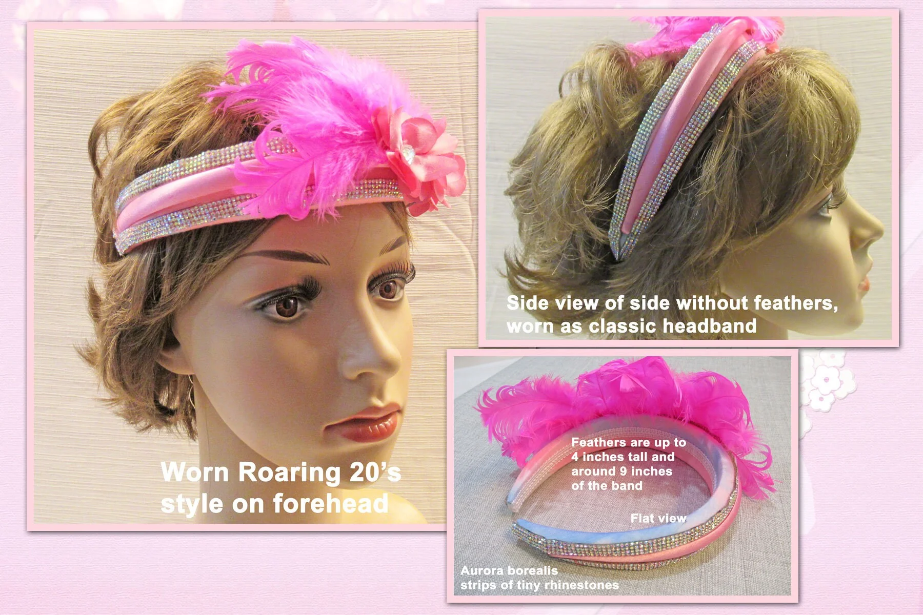 Brightest Pink Headband W Aurora Borealis Rhinestone Strips Pink Feathers and Floral Accents 20s Inspired Headband Or As Flapper Style - Image 9