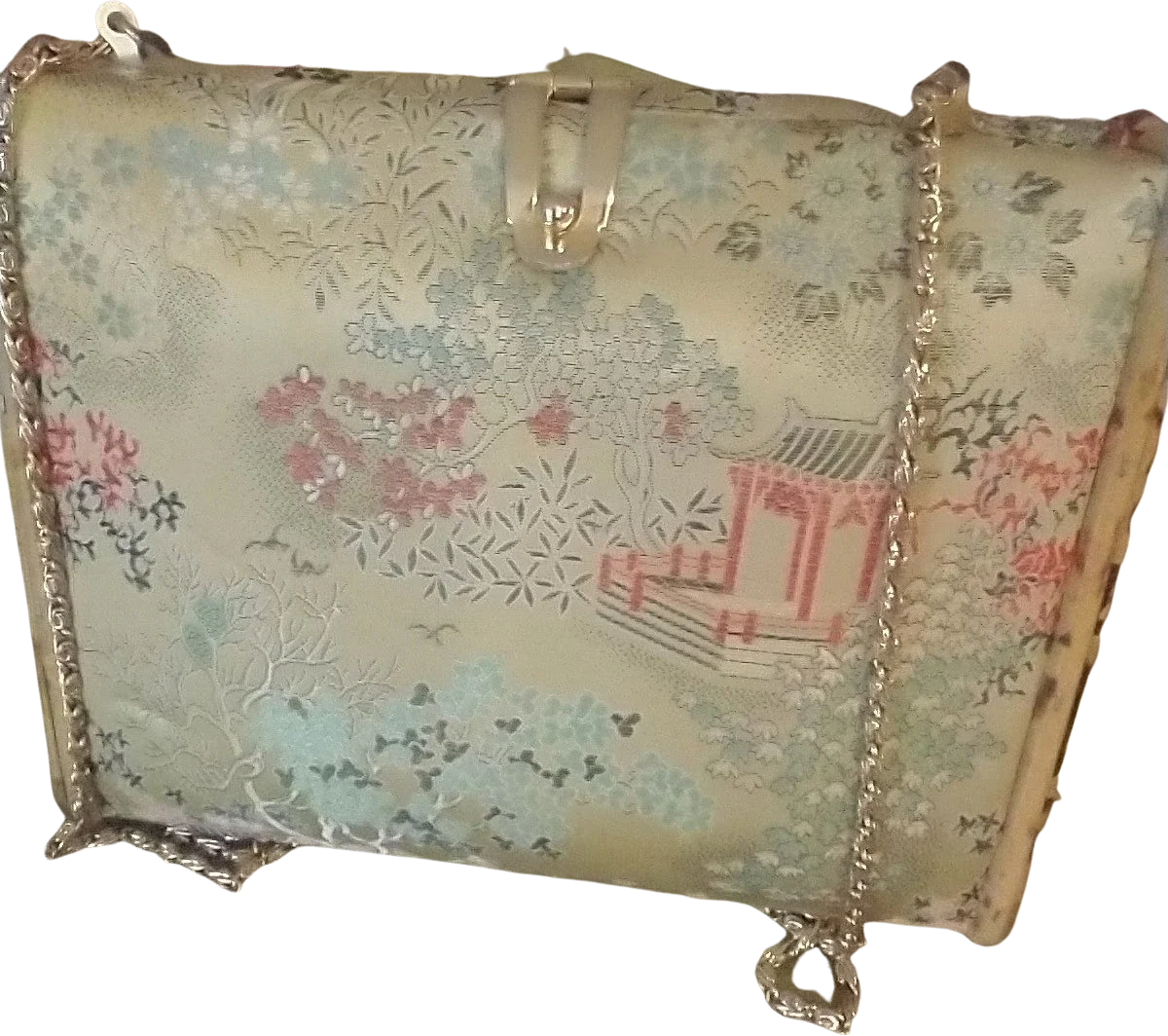 Brocade Cloth Vintage Handbag Over The Shoulder Gold Chain Clasp Rectangular Small Bag