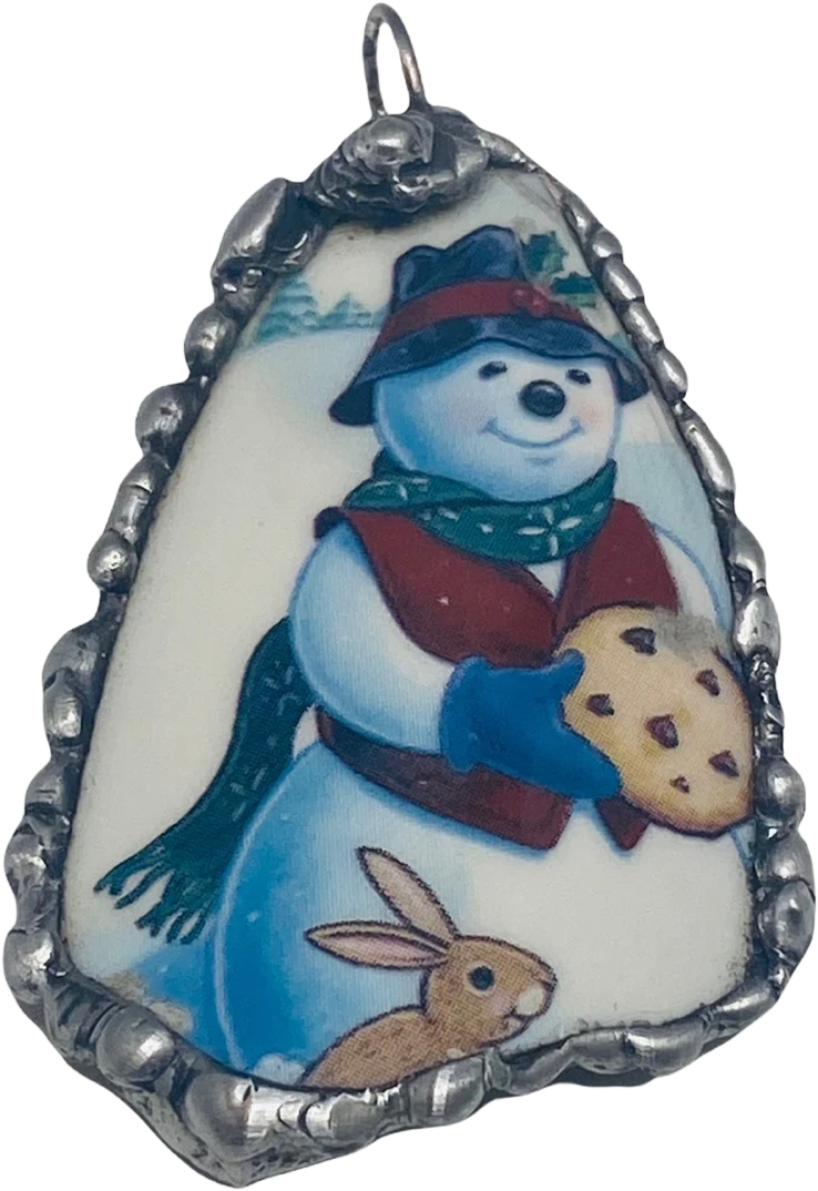 Broken Ceramic Pendant Snowman “cookies for Santa” Framed In Decorative Solder by Broken Pottery