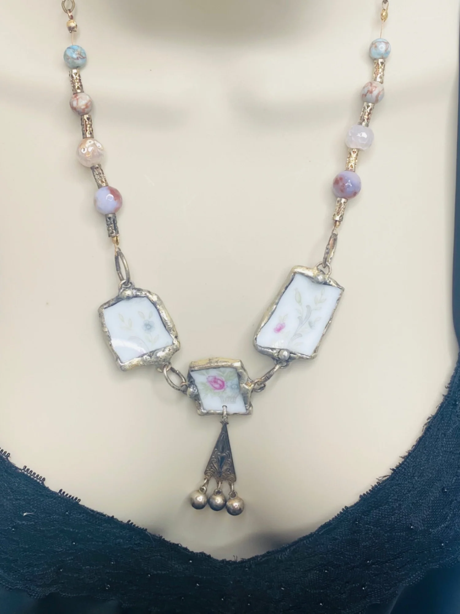 Broken China Choker Necklace with Agate and Aqua Terra Jasper Beads Upcycled Repurposed - Image 3