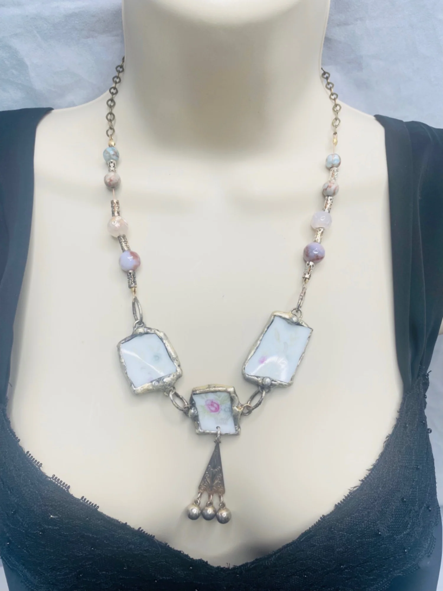 Broken China Choker Necklace with Agate and Aqua Terra Jasper Beads Upcycled Repurposed - Image 4