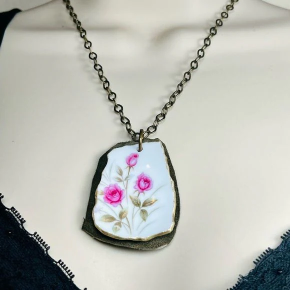 Broken China Leather Necklace Handcrafted with Floret China Tea Rose Japan Pattern - Image 2