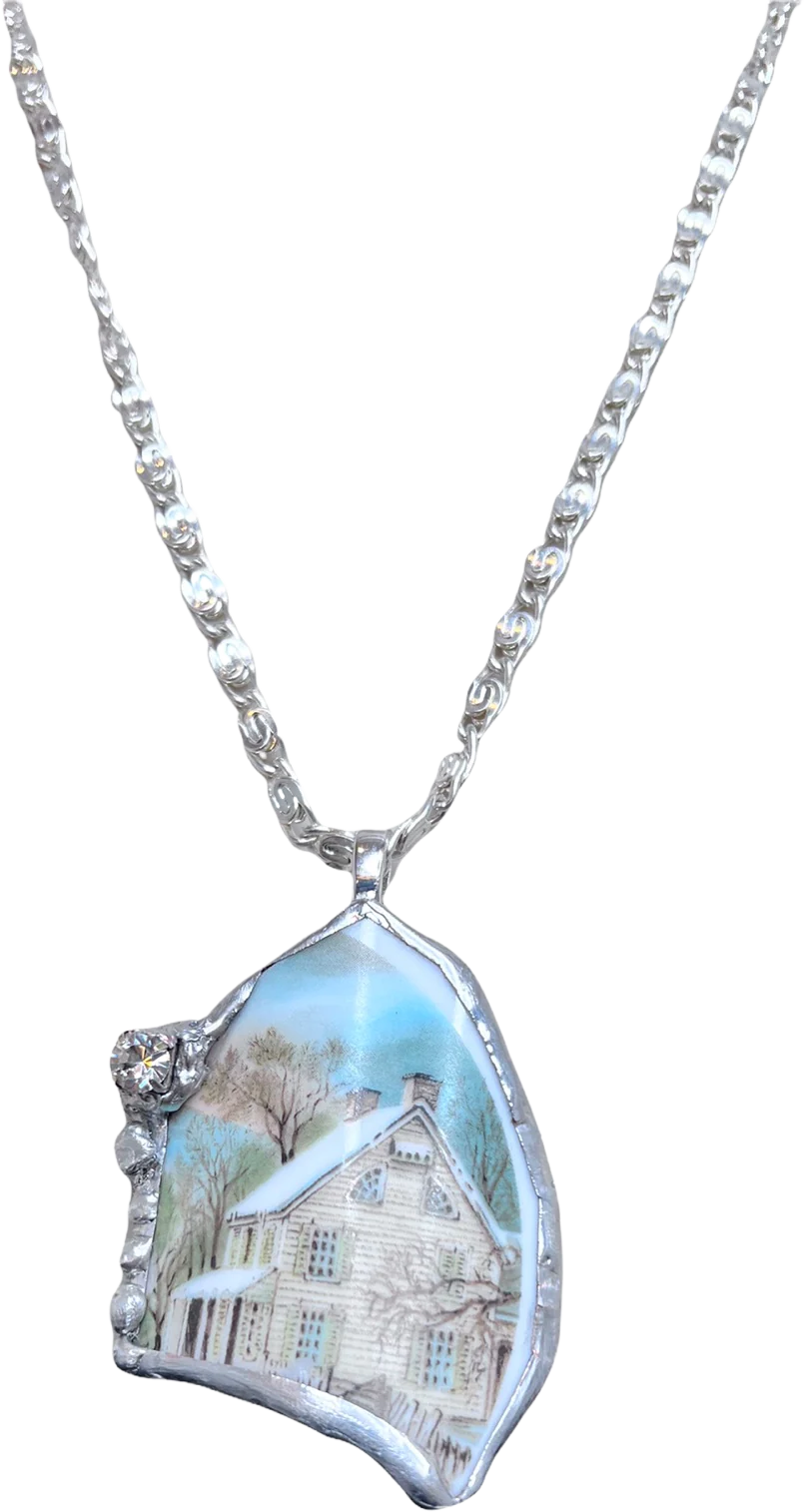 Broken China Pendant Currier and Ives Winter Scene Framed In Led-Free Solder Embedded Rhinestone