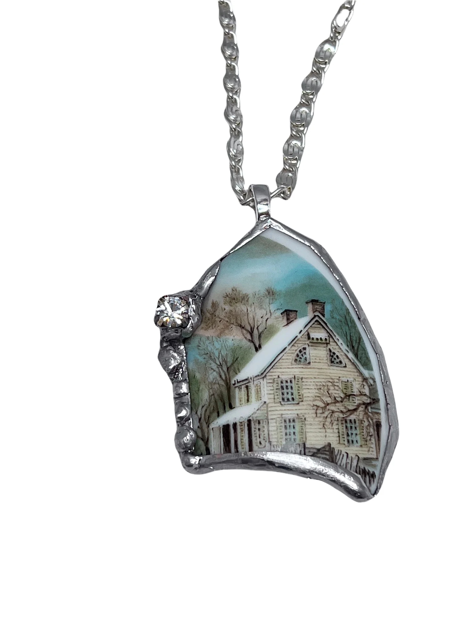 Broken China Pendant Currier and Ives Winter Scene Framed In Led-Free Solder Embedded Rhinestone - Image 2