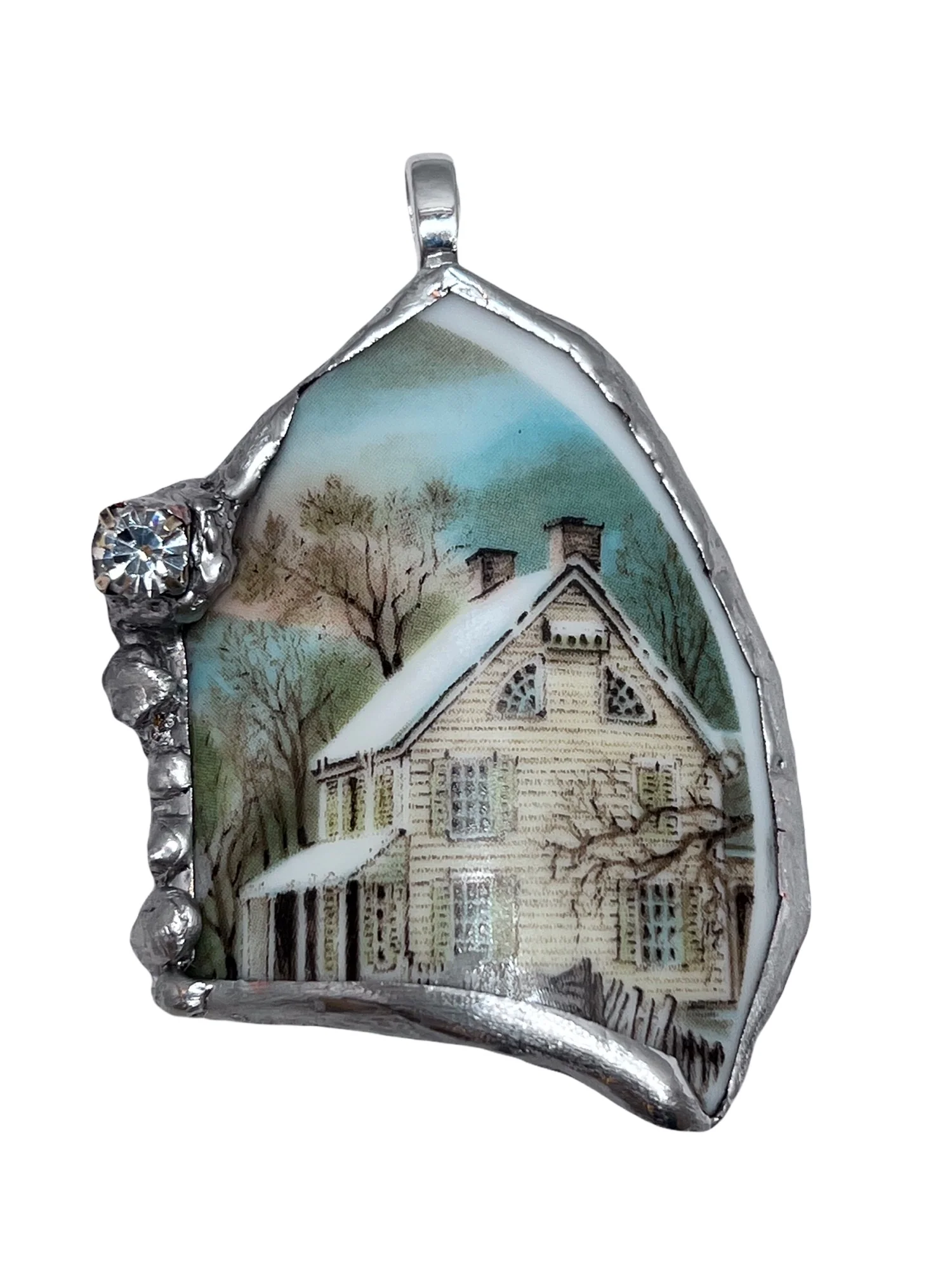 Broken China Pendant Currier and Ives Winter Scene Framed In Led-Free Solder Embedded Rhinestone - Image 3