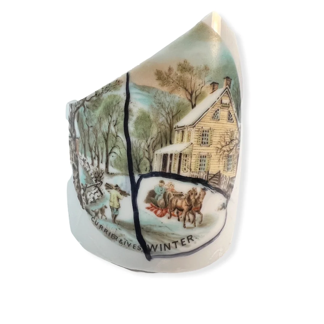 Broken China Pendant Currier and Ives Winter Scene Framed In Led-Free Solder Embedded Rhinestone - Image 4