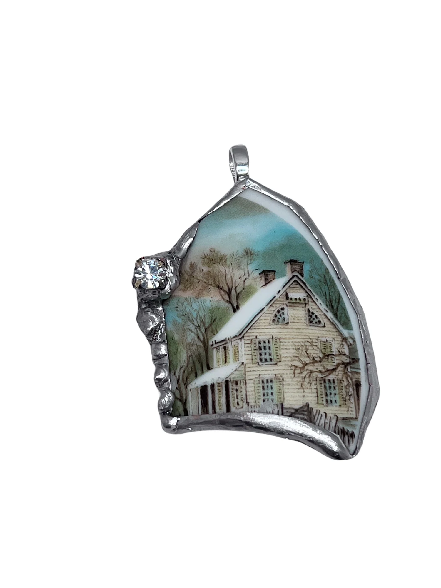 Broken China Pendant Currier and Ives Winter Scene Framed In Led-Free Solder Embedded Rhinestone - Image 5