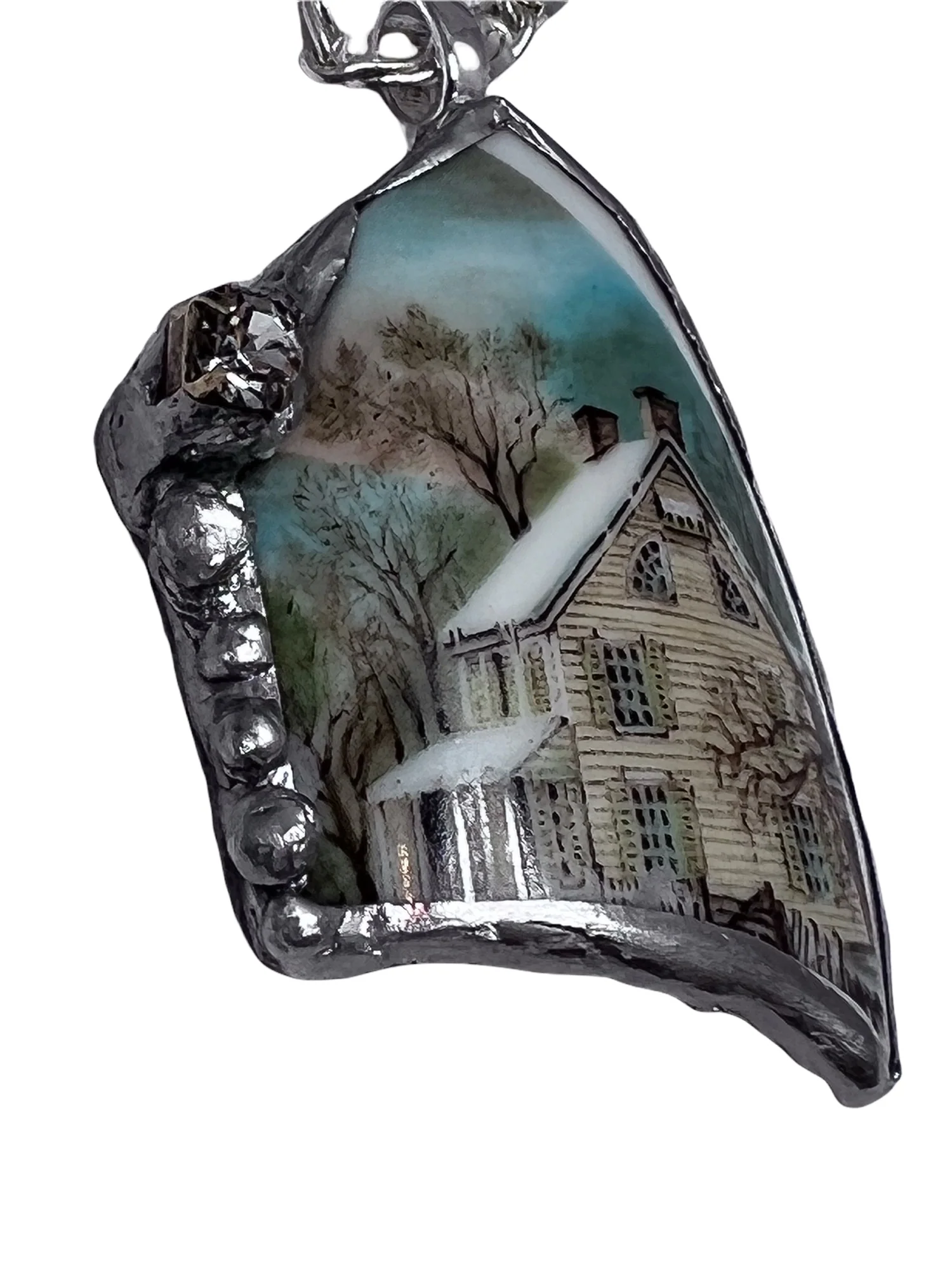 Broken China Pendant Currier and Ives Winter Scene Framed In Led-Free Solder Embedded Rhinestone - Image 6