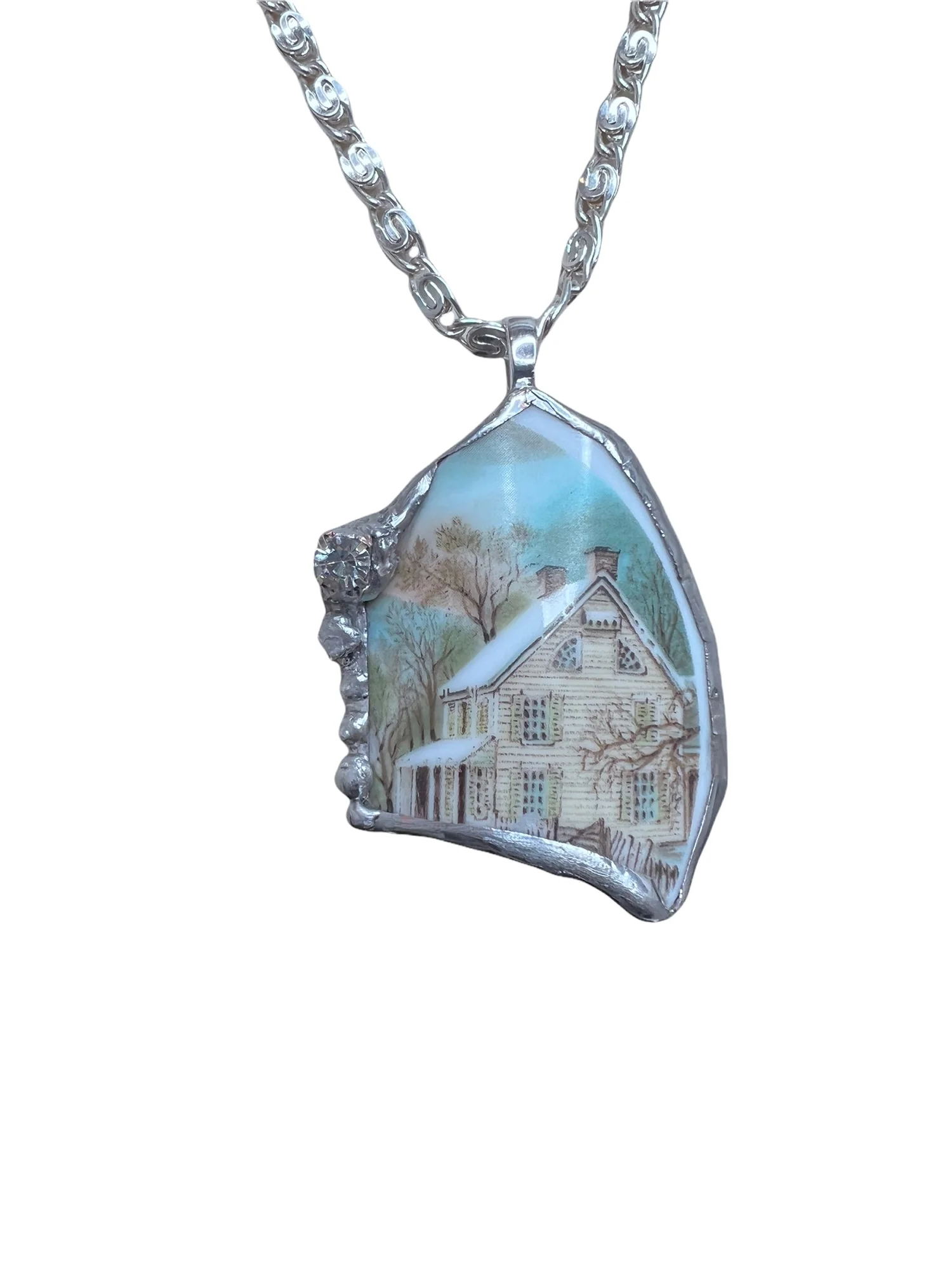 Broken China Pendant Currier and Ives Winter Scene Framed In Led-Free Solder Embedded Rhinestone - Image 7