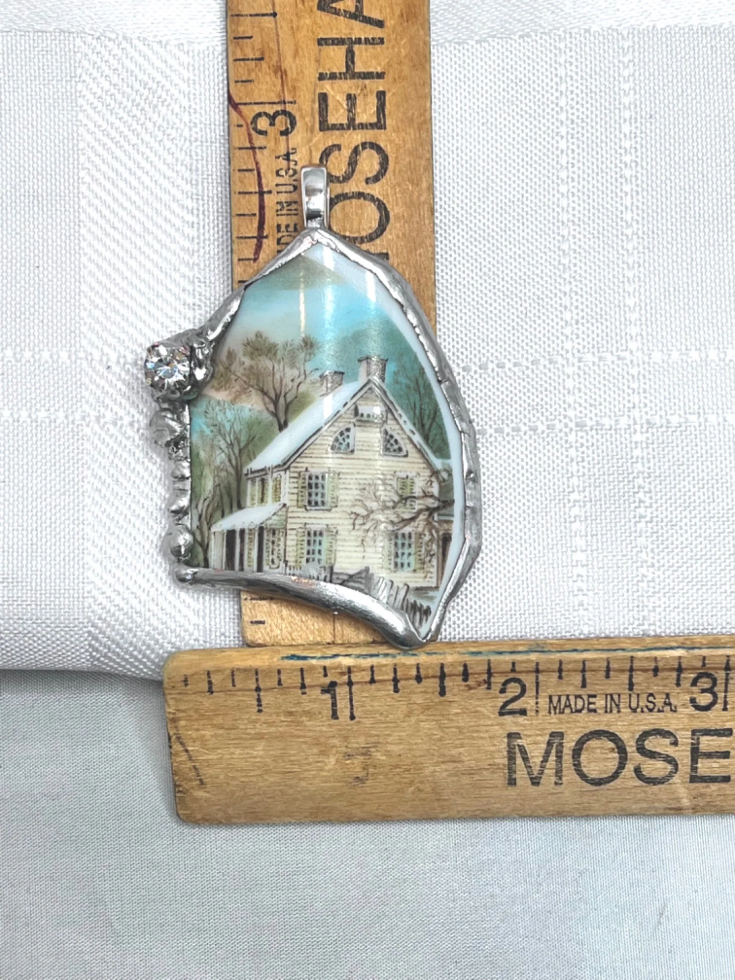 Broken China Pendant Currier and Ives Winter Scene Framed In Led-Free Solder Embedded Rhinestone - Image 8