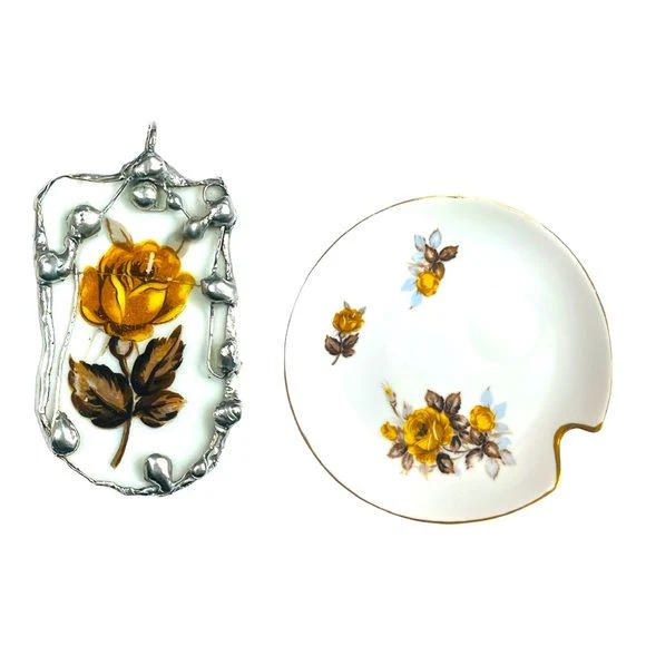 Broken China Pendant Handcrafted with Yellow Rose Vintage Harmony House Japan Plate - Image 2