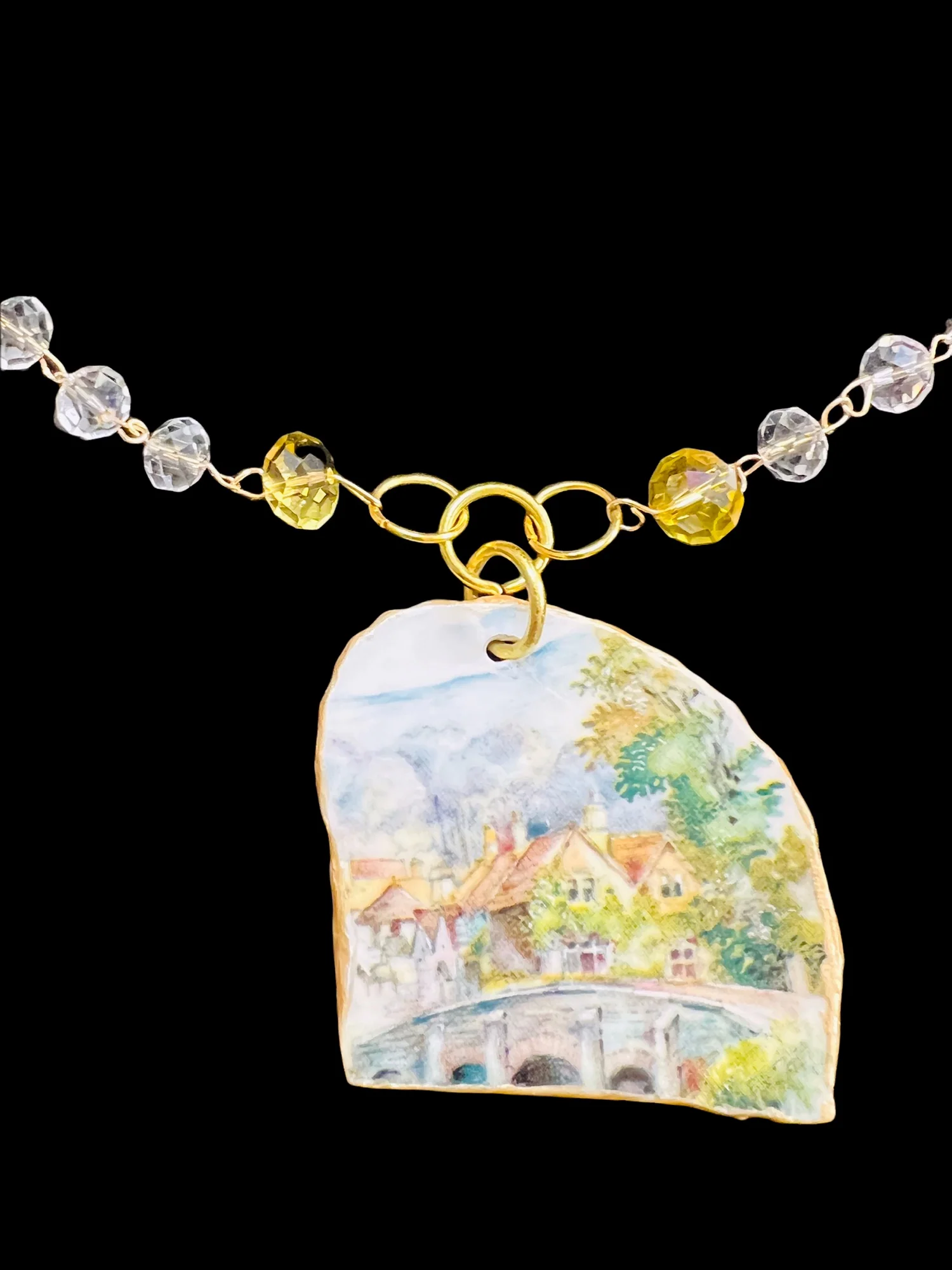 Broken China Pendant Necklace with Multifaceted Crystal Bead Links Handmade - Image 6