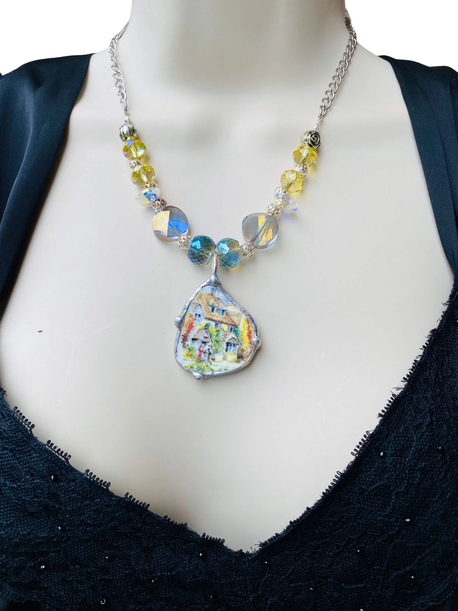 Broken China Pendant with Glass Beaded Necklace