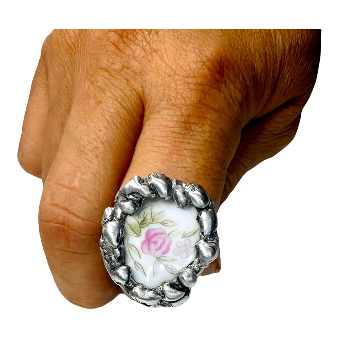 Broken China Ring Handcrafted with Soft Solder Silver and Antique Pink Roses 7 - Image 2