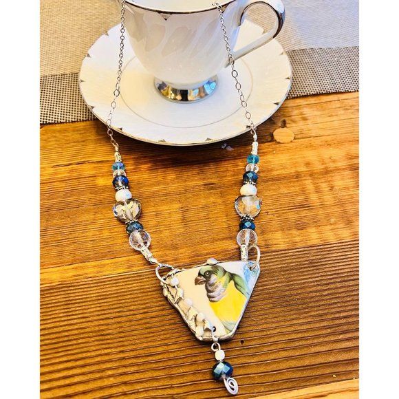 Broken China Soldered Pendant with Clear Water Pearls and Crystal Beads Necklace - Image 6