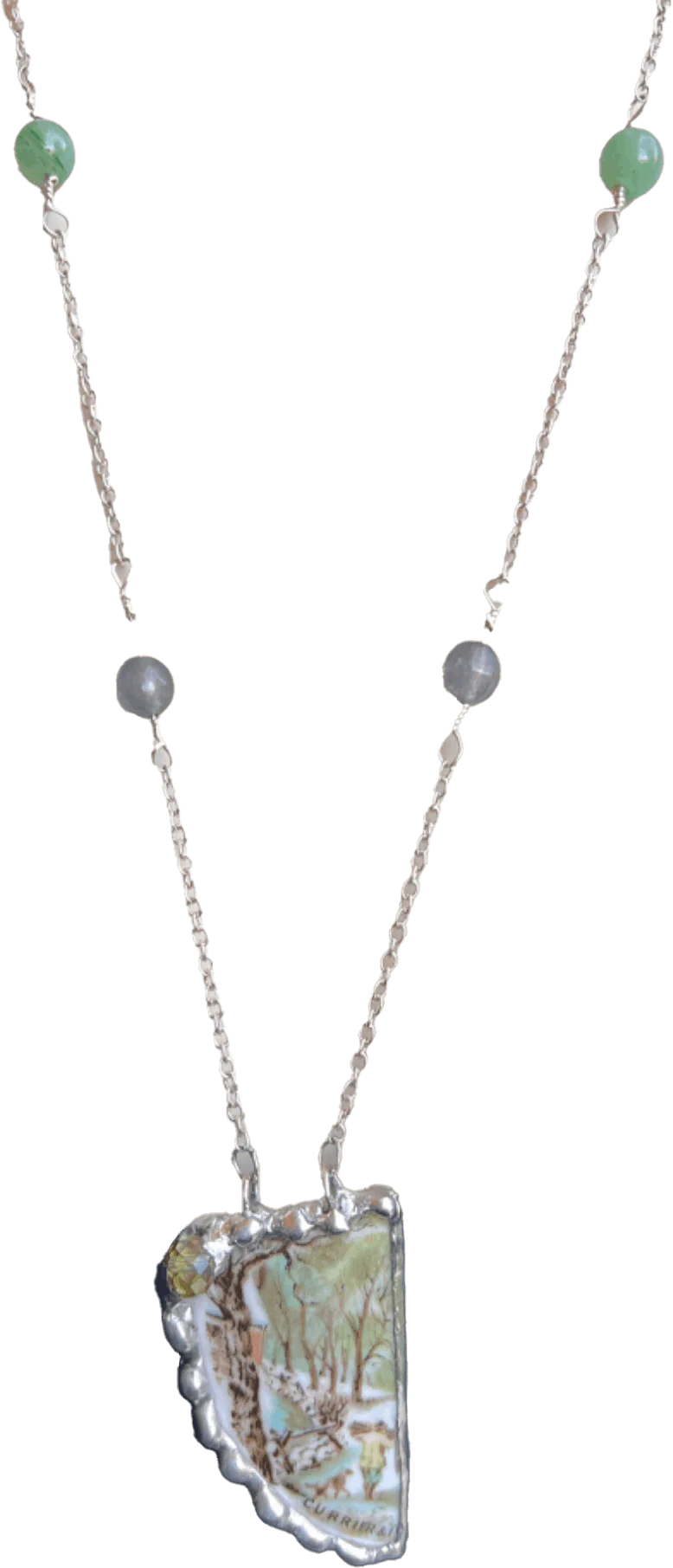 Broken China Teacup Necklace Currier and Ives Winter Scene Labradorite and Agate Beads by Broken China