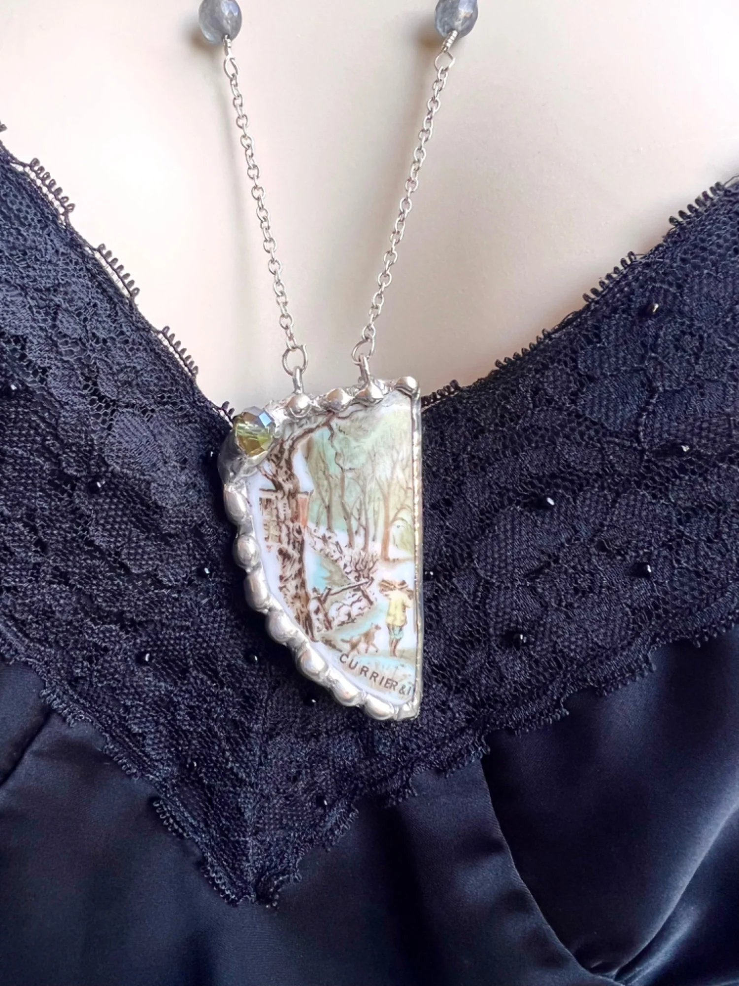 Broken China Teacup Necklace Currier and Ives Winter Scene Labradorite and Agate Beads by Broken China - Image 6