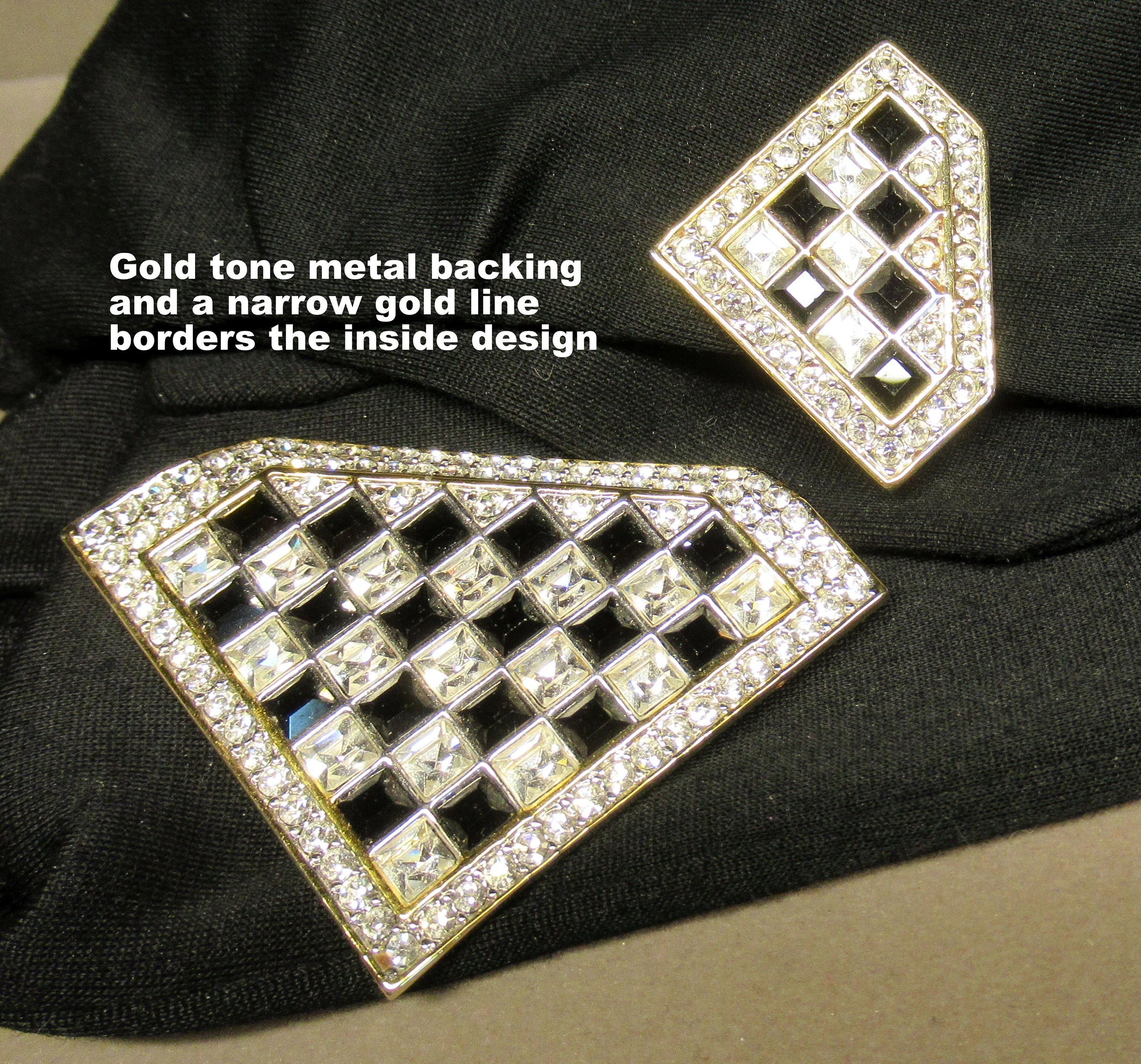 Brooch and Clip Earrings Set Art Deco Inspired Black and Clear Inset Rhinestones, Comfort Back Clip Earrings, No Designer Logo, Vtg - Image 2
