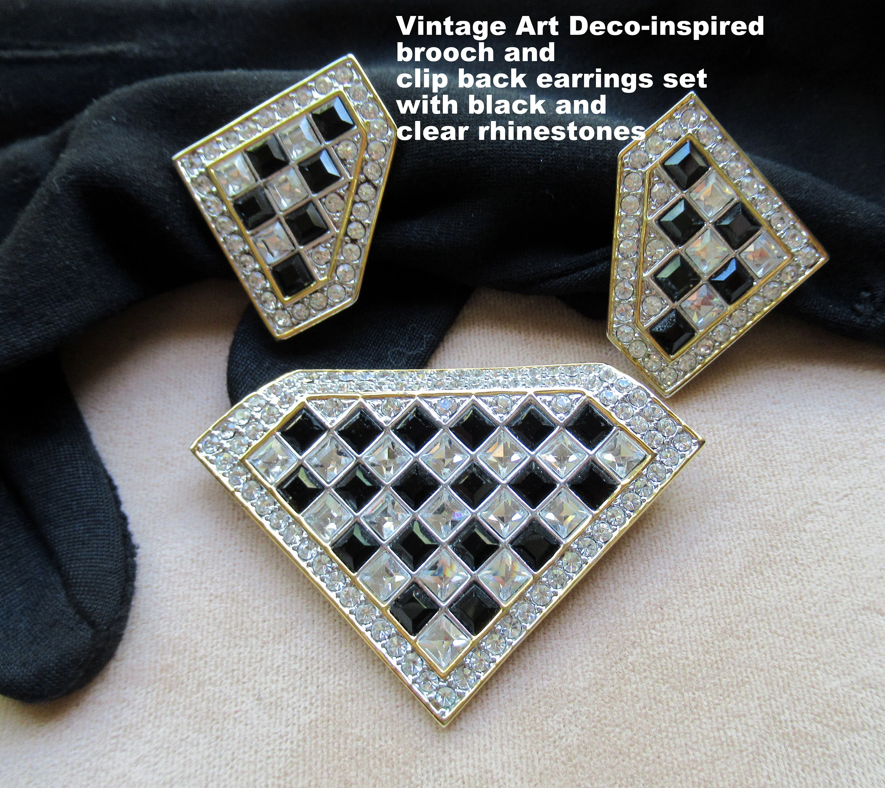 Brooch and Clip Earrings Set Art Deco Inspired Black and Clear Inset Rhinestones, Comfort Back Clip Earrings, No Designer Logo, Vtg - Image 3