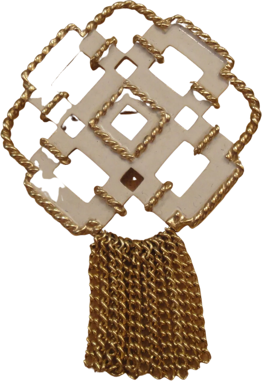 Brooch Creamy White Enamel with Rope Like Gold Tone Trim and Tassels 70s 1 and 3/4 by 1 and 3/4 Inches Plus 1 Inch Center Tassels by Avon