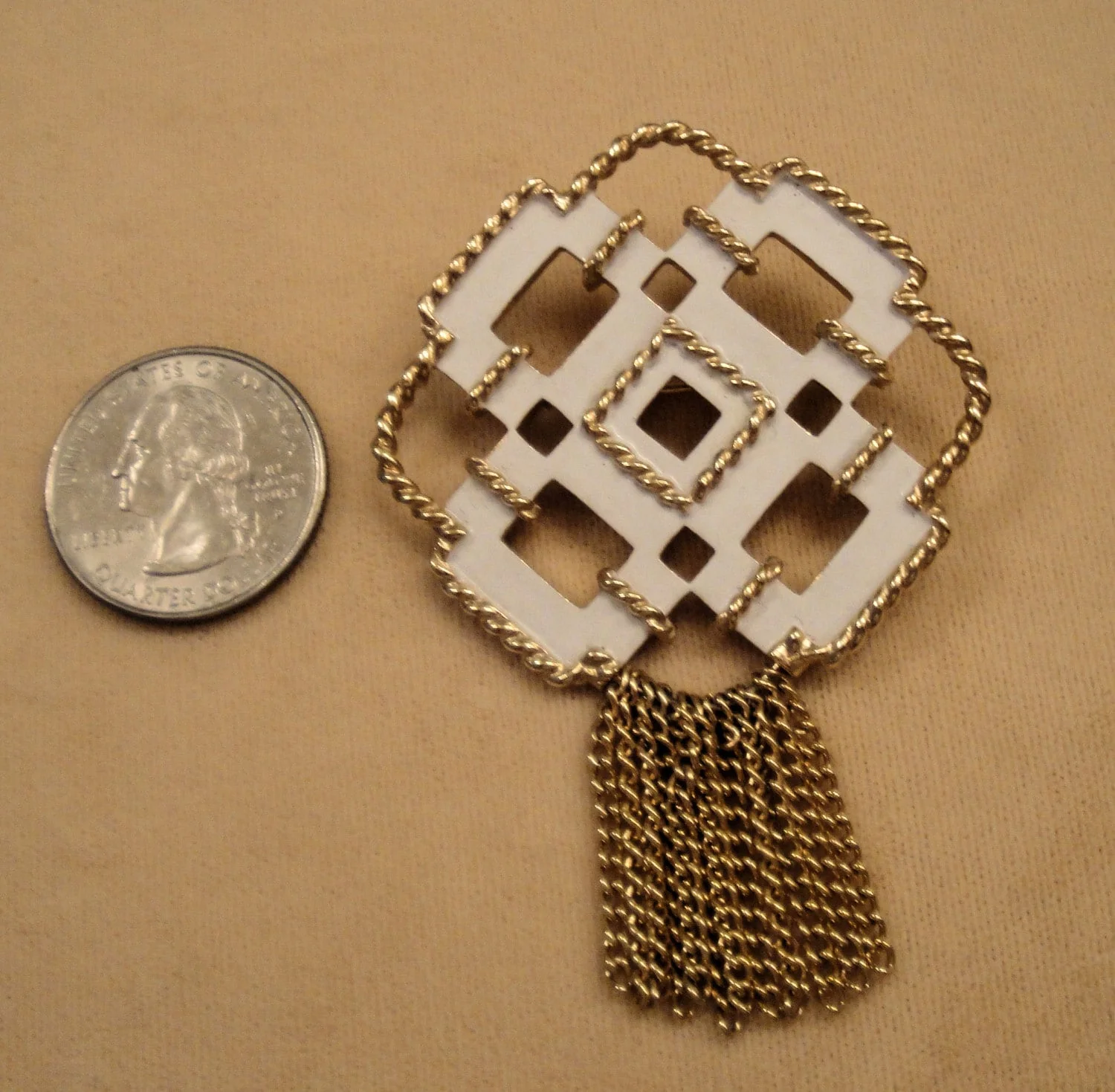 Brooch Creamy White Enamel with Rope Like Gold Tone Trim and Tassels 70s 1 and 3/4 by 1 and 3/4 Inches Plus 1 Inch Center Tassels by Avon - Image 2