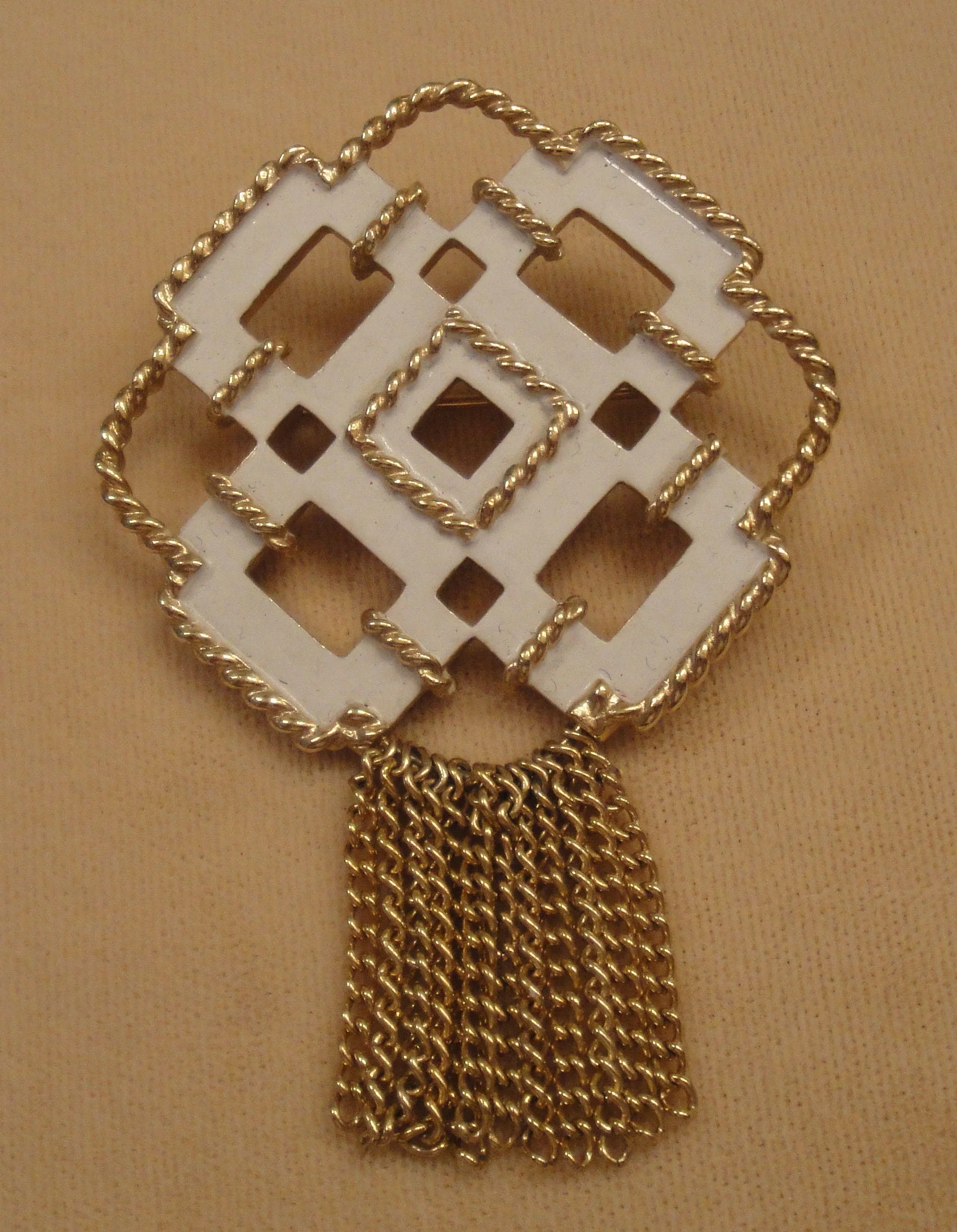 Brooch Creamy White Enamel with Rope Like Gold Tone Trim and Tassels 70s 1 and 3/4 by 1 and 3/4 Inches Plus 1 Inch Center Tassels by Avon - Image 6